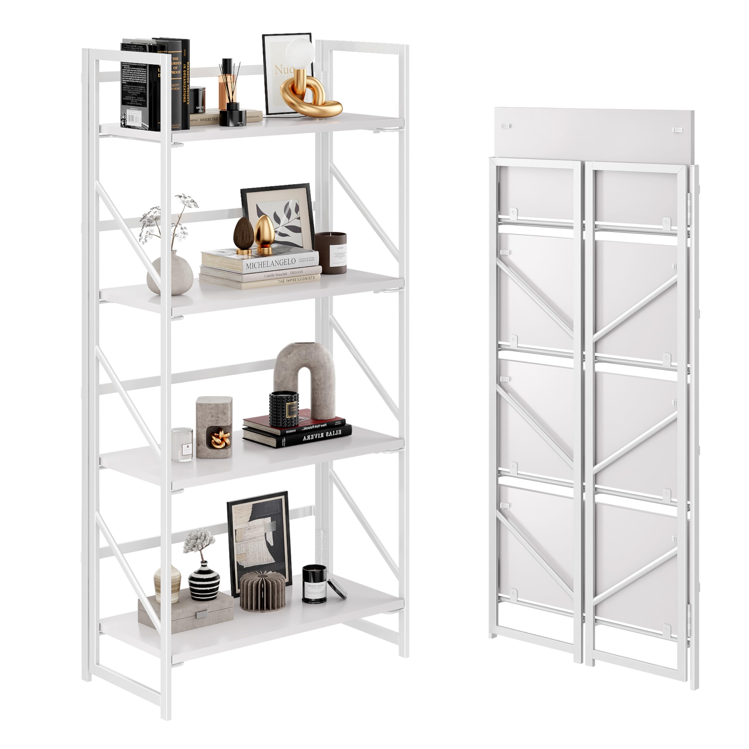 JSB No Assembly Folding Bookshelf, 4 Tier Industrial Metal Book Shelf for Storage, Vintage Wood Foldable Bookcase for Living Room, Bedroom, Office Organization Shelves