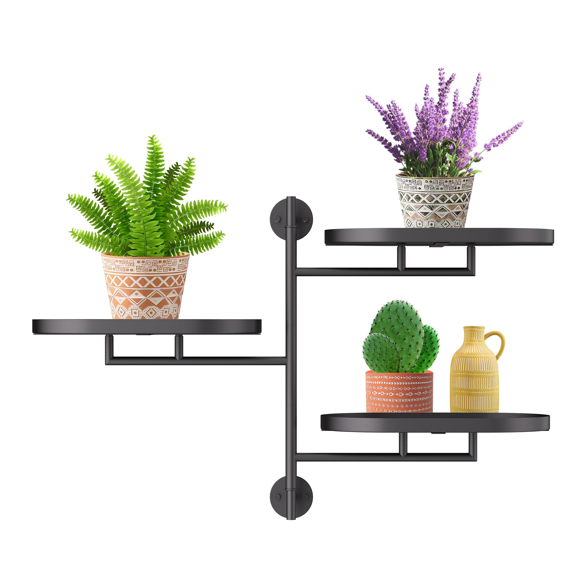 YQSLYSF Window Rotating Plant Stand Shelf Indoor Black Metal Floating Shelves 3-Tier Wall Mount Plant Holders for Living Room Wall Planter Modern Home Decor for Gardening