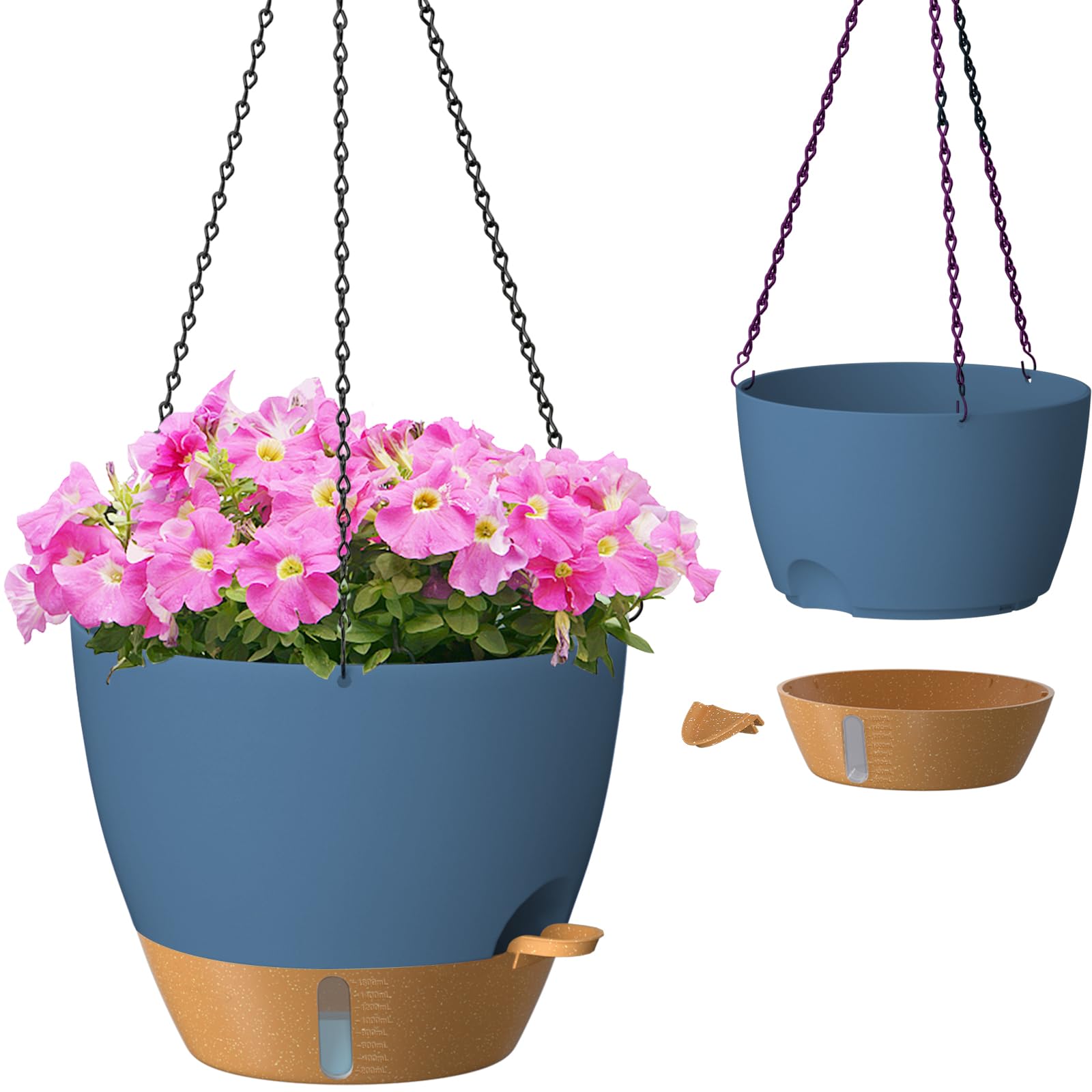 ZMTECH 8 Inch Hanging Planters for Indoor Outdoor Plants, 2 Pack Self Watering Hanging Plant Pots with Drainage Holes and Removable Saucer, Plastic Flower Hanging Pots with Watering Lip (Black)