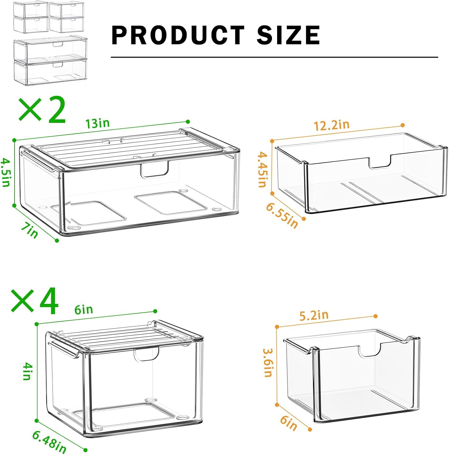caktraie Acrylic Storage Drawers Set of 6, Clear Makeup Organizer, Plastic Organizer Bins for Beauty Supplies,Ideal for Vanity, Bathroom,Cabinet,Pantry Organization