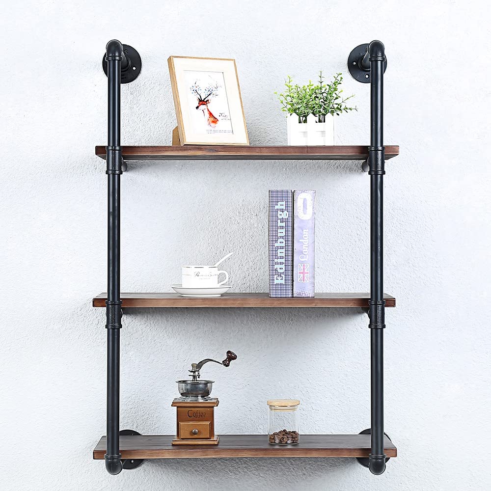 Industrial Pipe Shelving Wall Mounted,30in Rustic Metal Floating Shelves,Steampunk Real Wood Book Shelves,Wall Shelf Unit Bookshelf Hanging Wall Shelves,Farmhouse Kitchen Bar Shelving(3 Tier)