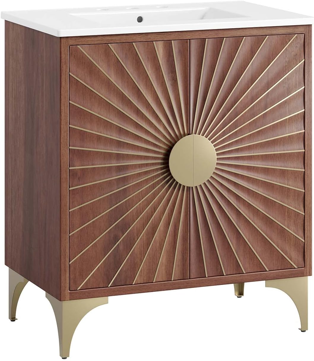 Modway Daylight Bathroom Vanity Cabinet with Ceramic Sink Basin, 30 Inch, White Walnut