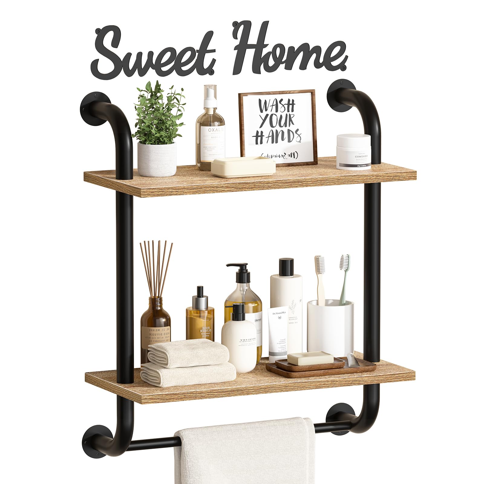 Tinpin Bathroom Shelves Wall Mounted, 3-Tier Rustic Wood Wall Shelf, 17.3 inch Industrial Pipe Floating Shelf for Bathroom,Kitchen,Bedroom,Living Room,Brown