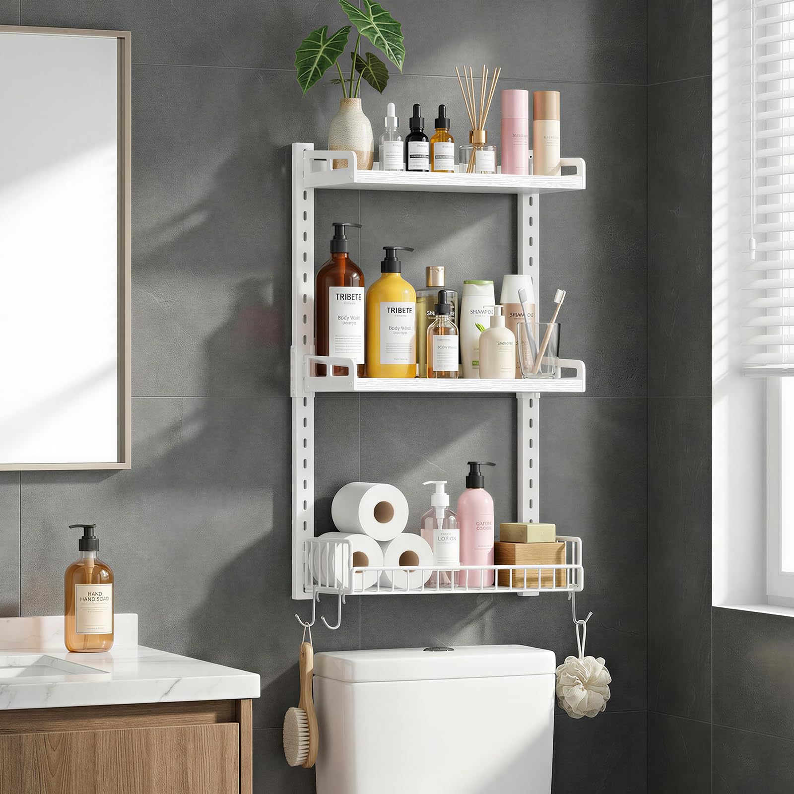 Kalrin 3 Tier Bathroom Shelves Over Toilet - Wall Mounted Floating Shelves with Drain Basket, Toilet Paper Storage, Height Adjustable Over The Toilet Storage, Vintage Brown