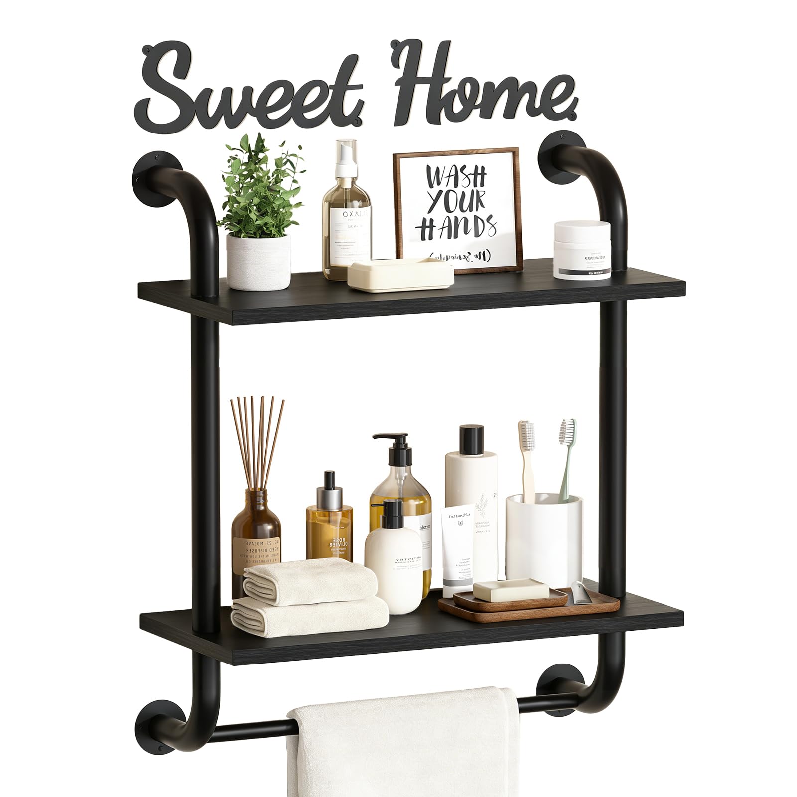 Tinpin Bathroom Shelves Wall Mounted, 3-Tier Rustic Wood Wall Shelf, 17.3 inch Industrial Pipe Floating Shelf for Bathroom,Kitchen,Bedroom,Living Room,Brown