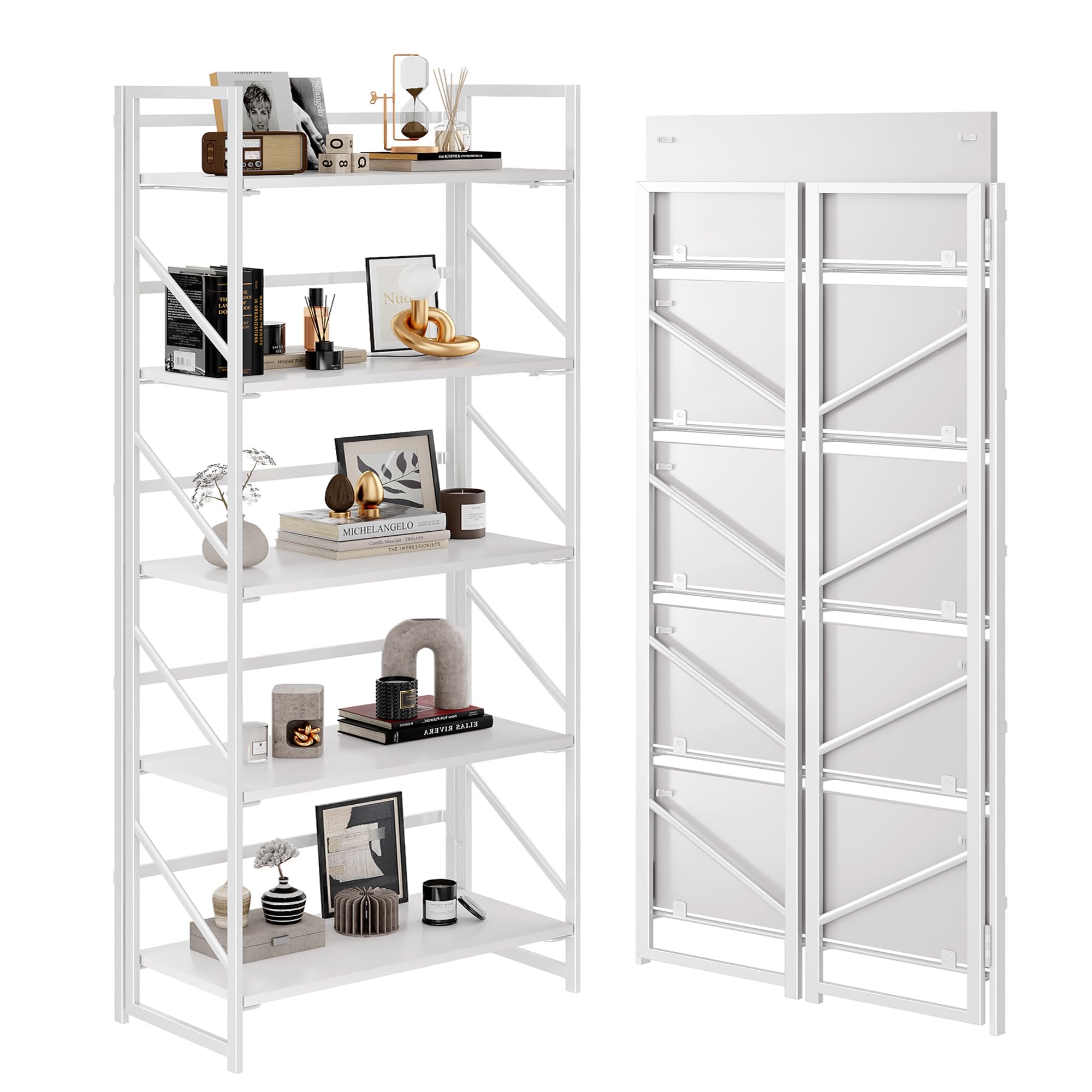 JSB No Assembly Folding Bookshelf, 4 Tier Industrial Metal Book Shelf for Storage, Vintage Wood Foldable Bookcase for Living Room, Bedroom, Office Organization Shelves