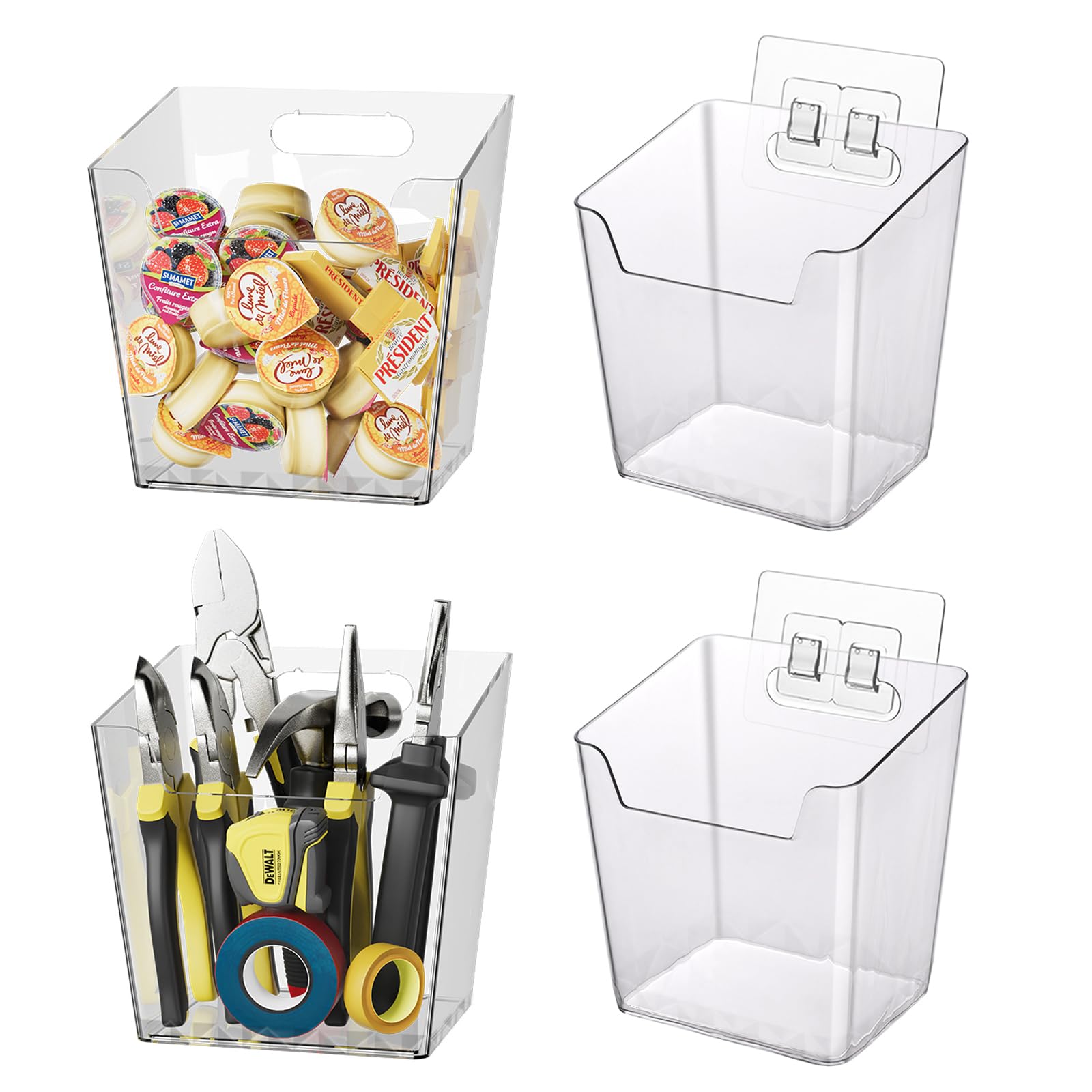 Clear Adhesive Wall Storage Bins, 4 Pack Cabinet Door Organizer Holders, Hanging Wall Mount Pockets, Plastic Cups for Shower Bathroom Makeup Office Craft Remote Kitchen Sink RV Organization (Medium)
