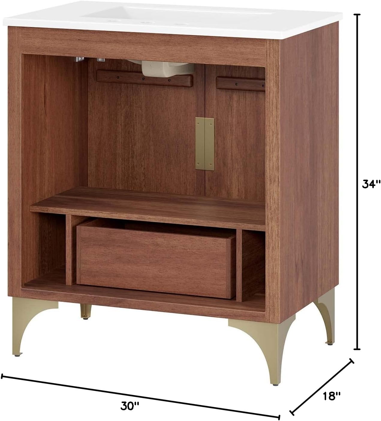 Modway Daylight Bathroom Vanity Cabinet with Ceramic Sink Basin, 30 Inch, White Walnut