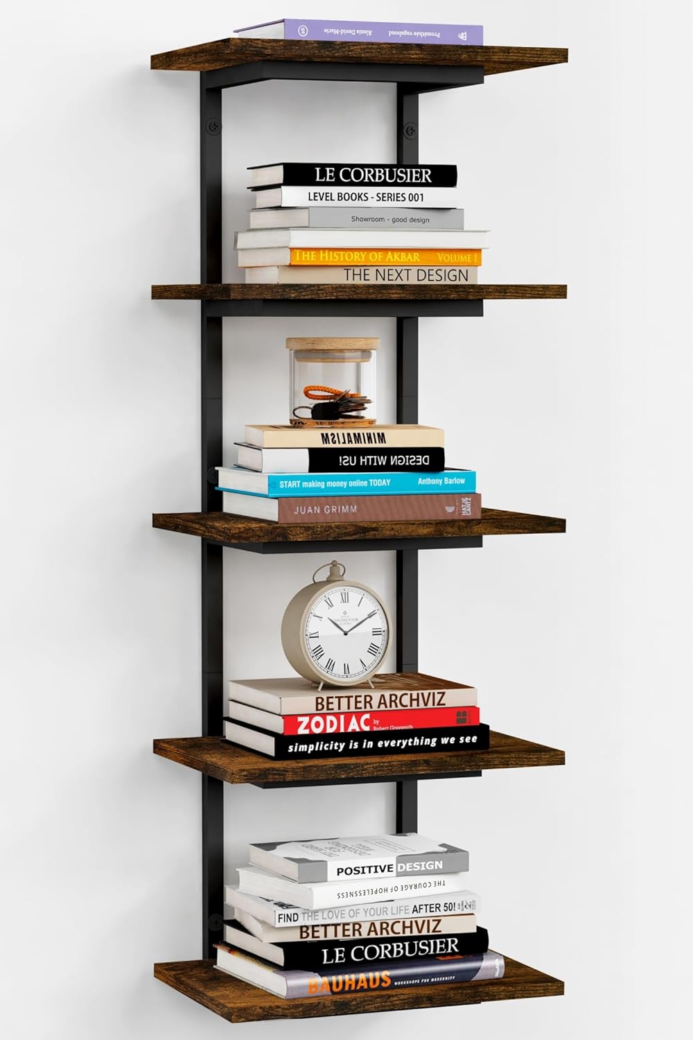 Harwaya 5 Tier Wall Bookshelf Unit for Bedroom Books, Large Floating Book Shelves Wall Mounted, Rustic Wood Lack Tiered Hanging Shelf for Kitchen Office Living Room Corner (Dark Brown)