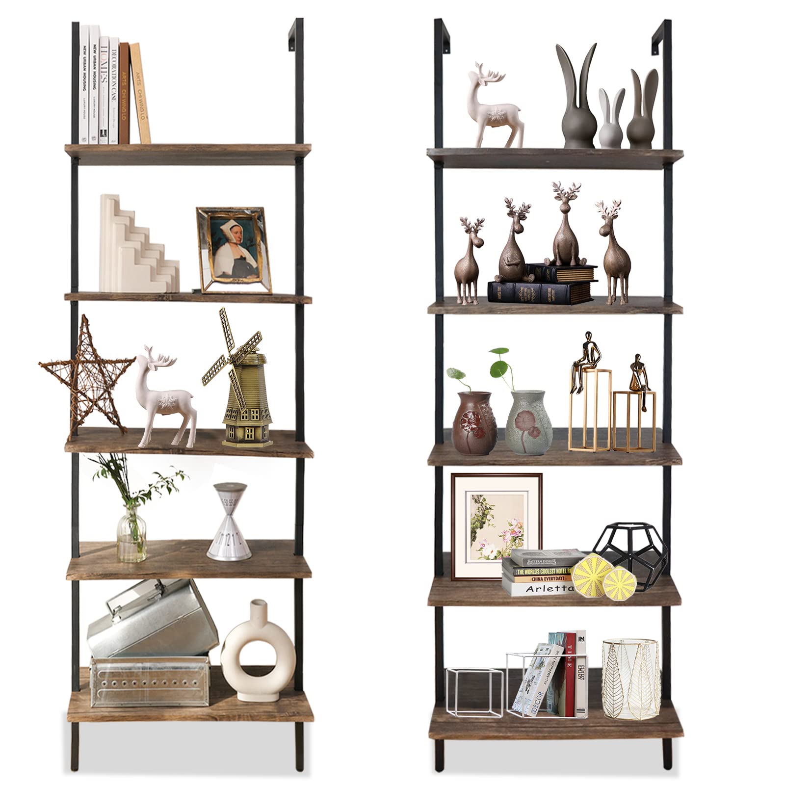 aboxoo Ladder Shelf 2 PCS White Bookshelf 5-Tier Wooden Open Shelf Wall-Mounted Wood Rack Industrial Modern Plant Flower Stand Utility Organizer Bookcase Metal Frame Furniture Office Kitchen Bedroom