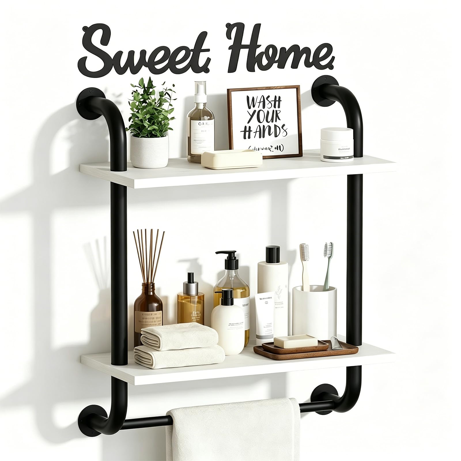 Tinpin Bathroom Shelves Wall Mounted, 3-Tier Rustic Wood Wall Shelf, 17.3 inch Industrial Pipe Floating Shelf for Bathroom,Kitchen,Bedroom,Living Room,Brown