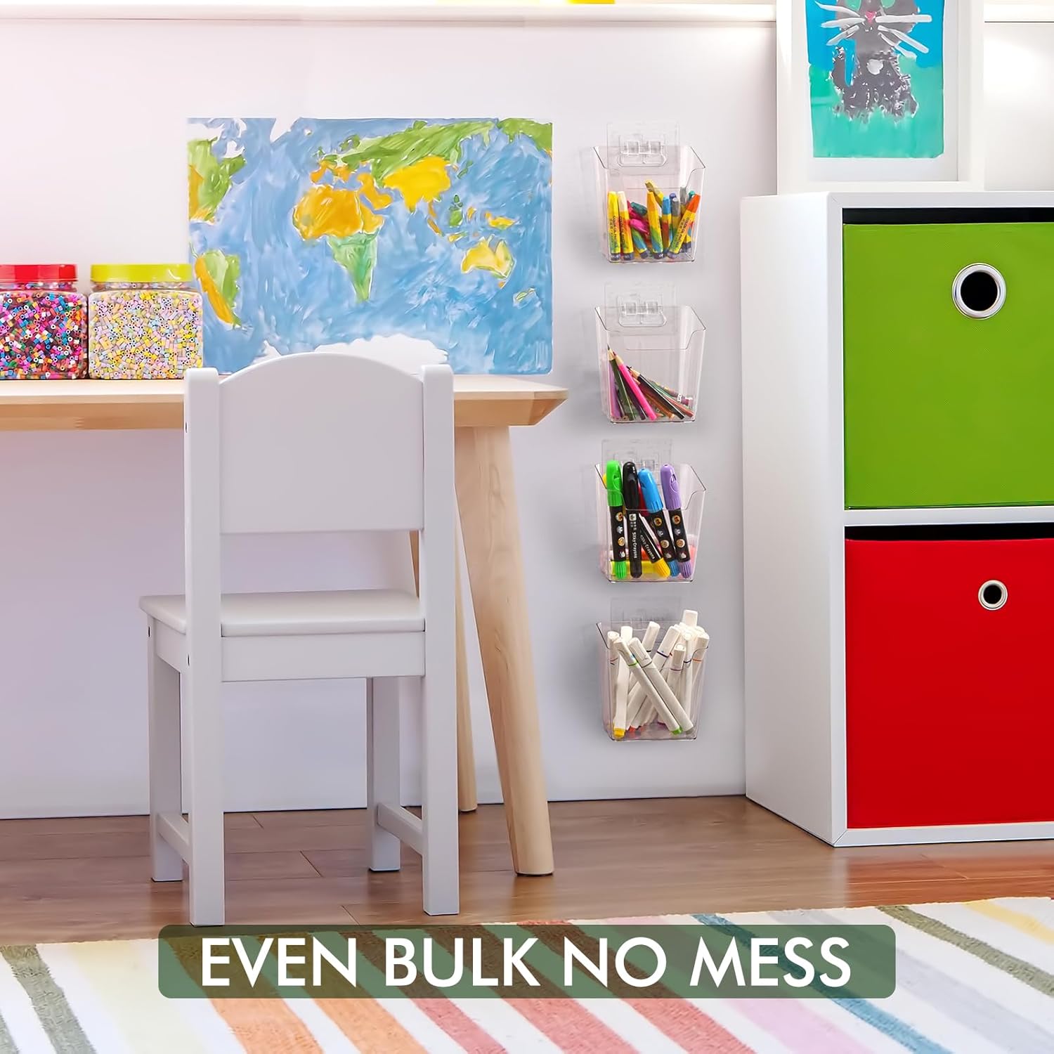 Clear Adhesive Wall Storage Bins, 4 Pack Cabinet Door Organizer Holders, Hanging Wall Mount Pockets, Plastic Cups for Shower Bathroom Makeup Office Craft Remote Kitchen Sink RV Organization (Medium)