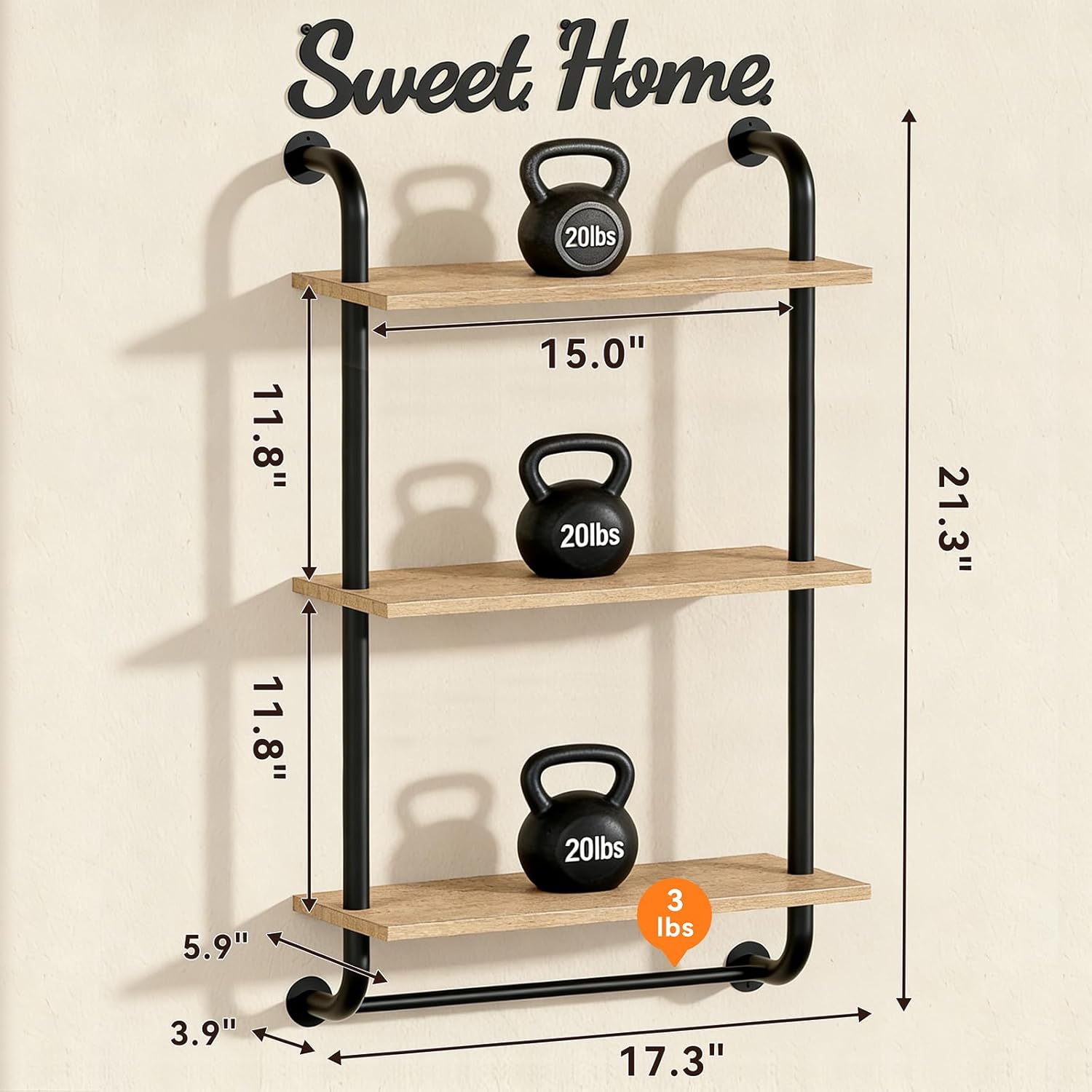 Tinpin Bathroom Shelves Wall Mounted, 3-Tier Rustic Wood Wall Shelf, 17.3 inch Industrial Pipe Floating Shelf for Bathroom,Kitchen,Bedroom,Living Room,Brown