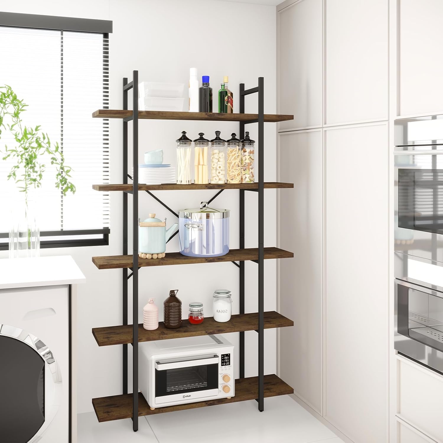 5 Tiers Bookshelf Organizer Industrial Shelf,Modern Open Display Storage Bookcase,Rustic Brown and Metal Bookshelf Standing Storage Shelf Tall Shelving Units for Home Office Study.