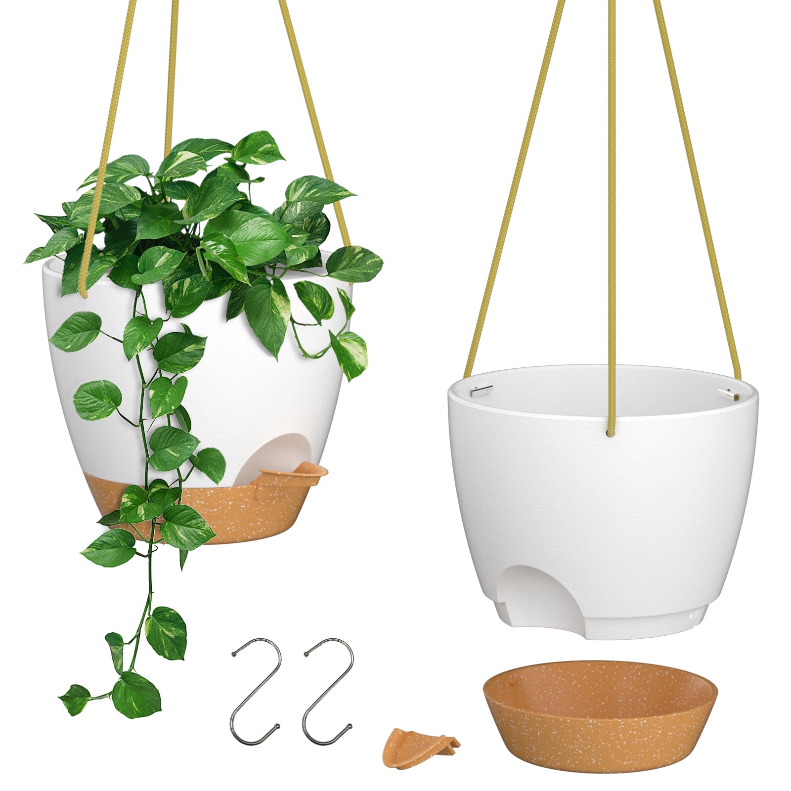 ZMTECH 8 Inch Hanging Planters for Indoor Outdoor Plants, 2 Pack Self Watering Hanging Plant Pots with Drainage Holes and Removable Saucer, Plastic Flower Hanging Pots with Watering Lip (Black)