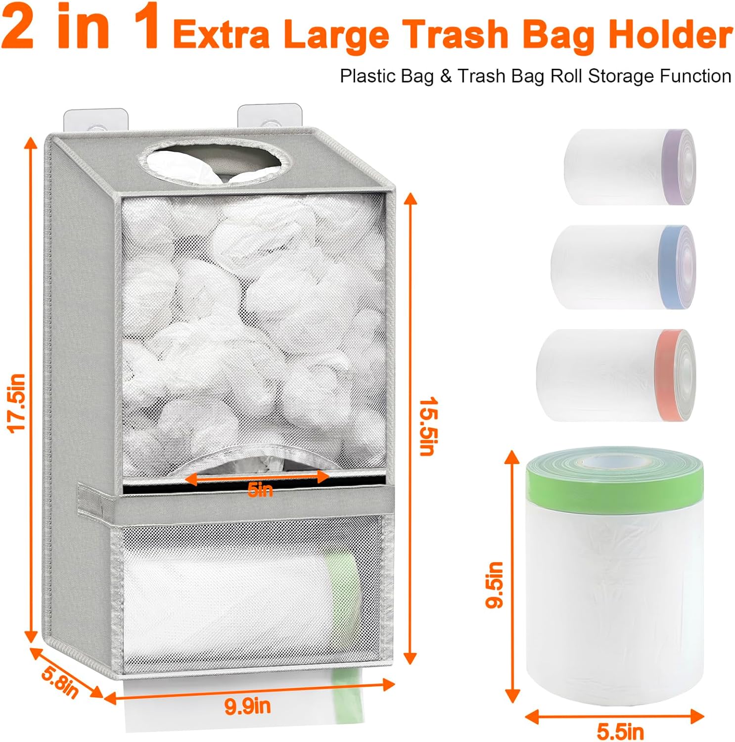 Spaclear Wall Mount Plastic Bag Holder - Large Oxford Cloth Grocery Bag Holder, 2-in-1 Plastic Bags Organizer with Trash Roll Dispenser for Home Kitchen Closet Cabinets Sink, Gray