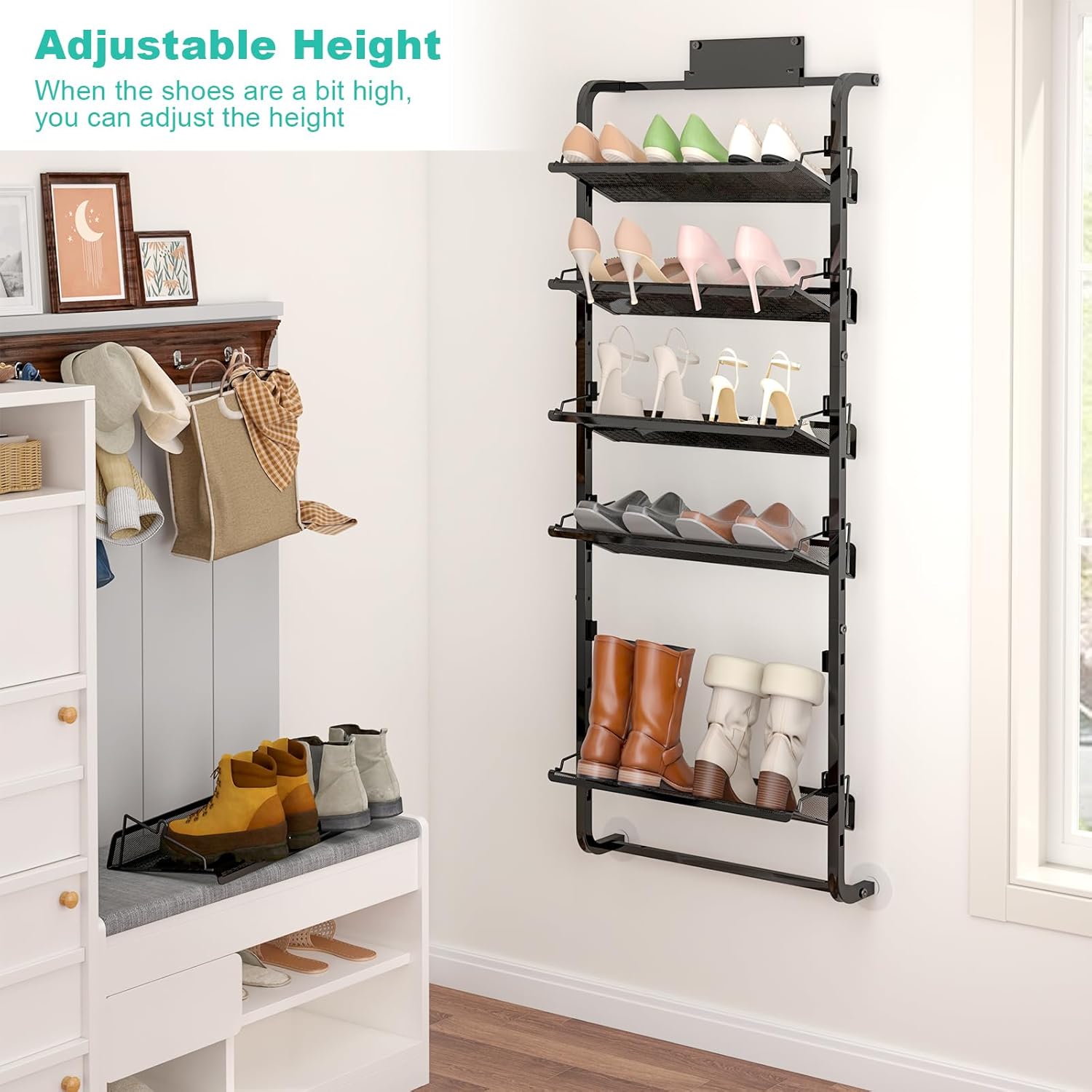 bukfen Over the Door Shoe Organizer, 6-Tier Adjustable Door-Mounted/Wall-Mounted Shoe Rack, Heavy-Duty Metal Storage for Closet Door, Black, 1 Pack