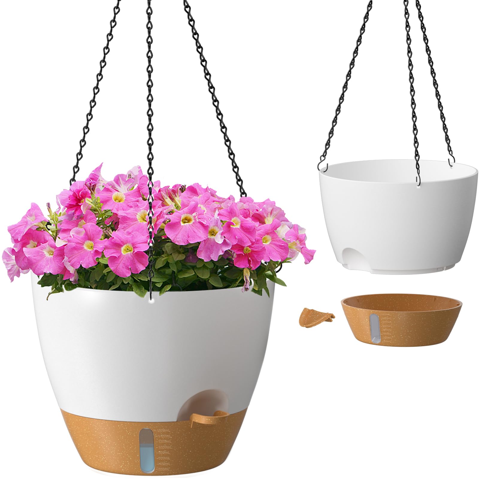 ZMTECH 8 Inch Hanging Planters for Indoor Outdoor Plants, 2 Pack Self Watering Hanging Plant Pots with Drainage Holes and Removable Saucer, Plastic Flower Hanging Pots with Watering Lip (Black)
