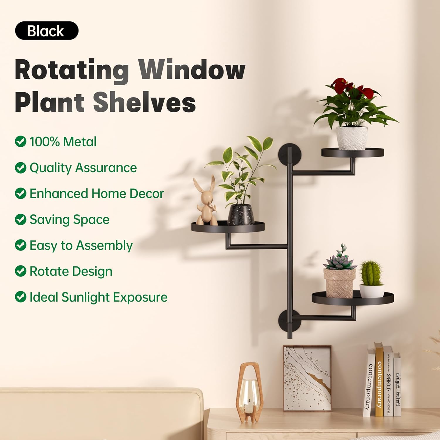 YQSLYSF Window Rotating Plant Stand Shelf Indoor Black Metal Floating Shelves 3-Tier Wall Mount Plant Holders for Living Room Wall Planter Modern Home Decor for Gardening