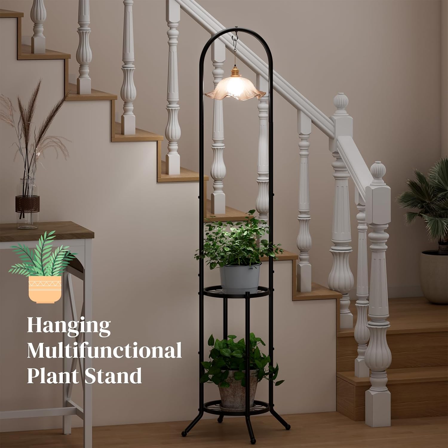 2-tier Hanging Plant Stand Indoor and Outdoor, Space-Saving Iron Plant Shelf, 3 Potted Flower Pot Stand ,Planter Holder for Bedroom Balcony Living Room Patio Garden( n-style)