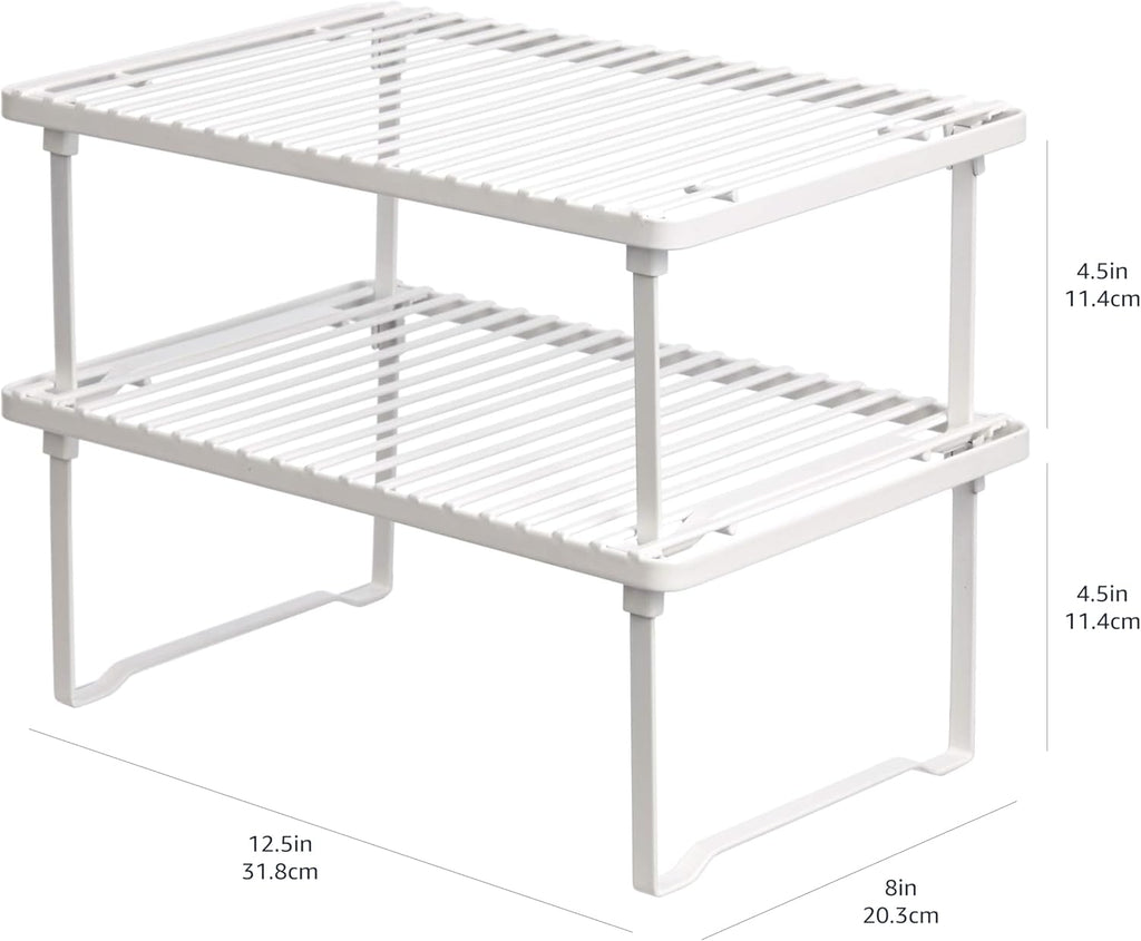 Amazon Basics Space-Saving Stackable Metal Kitchen Cabinet Organizer Shelves for Dishes, Pantry Organization, 12.5" L x 8" D x 4.5" H, Set of 2, White