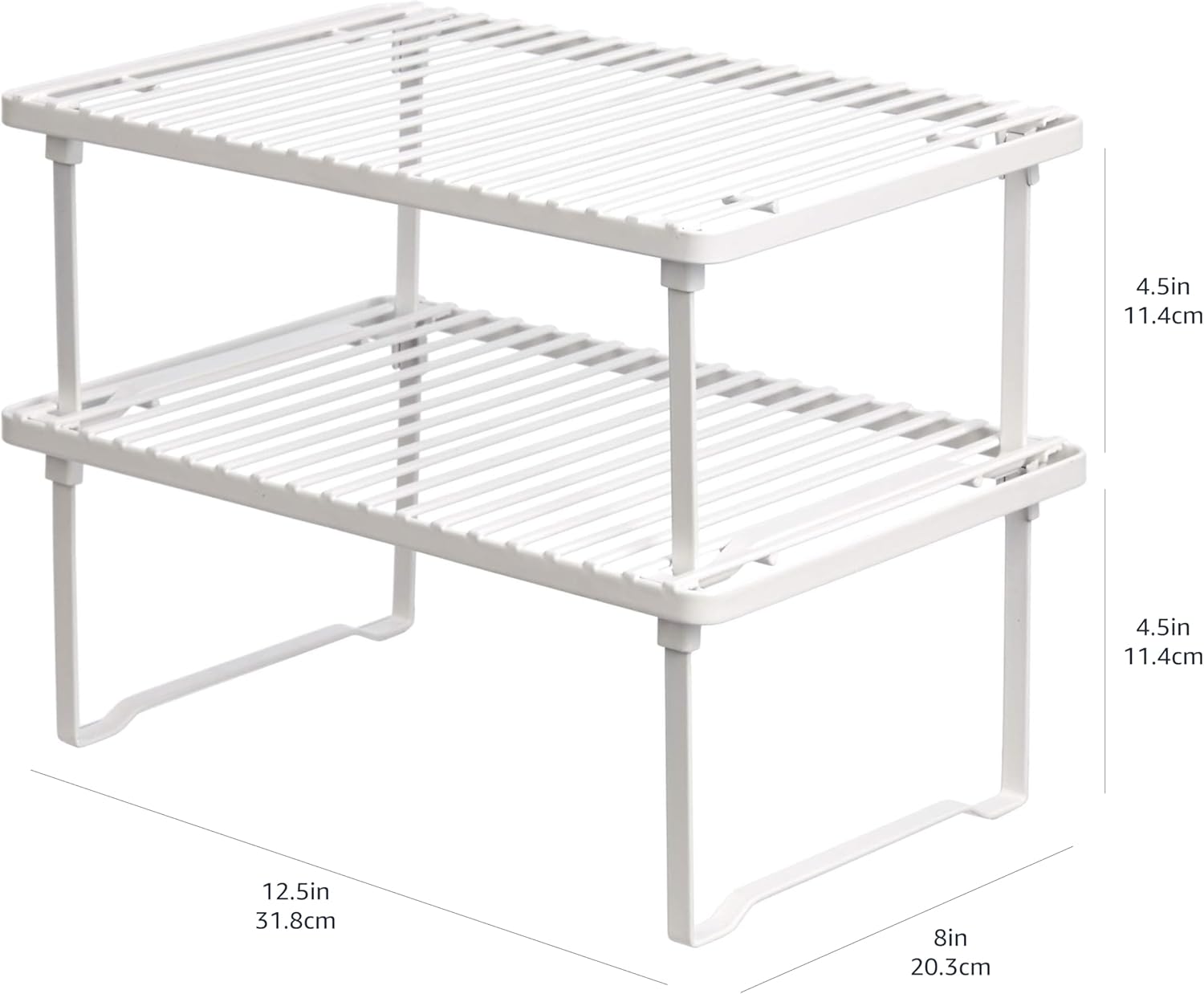 Amazon Basics Space-Saving Stackable Metal Kitchen Cabinet Organizer Shelves for Dishes, Pantry Organization, 12.5" L x 8" D x 4.5" H, Set of 2, White