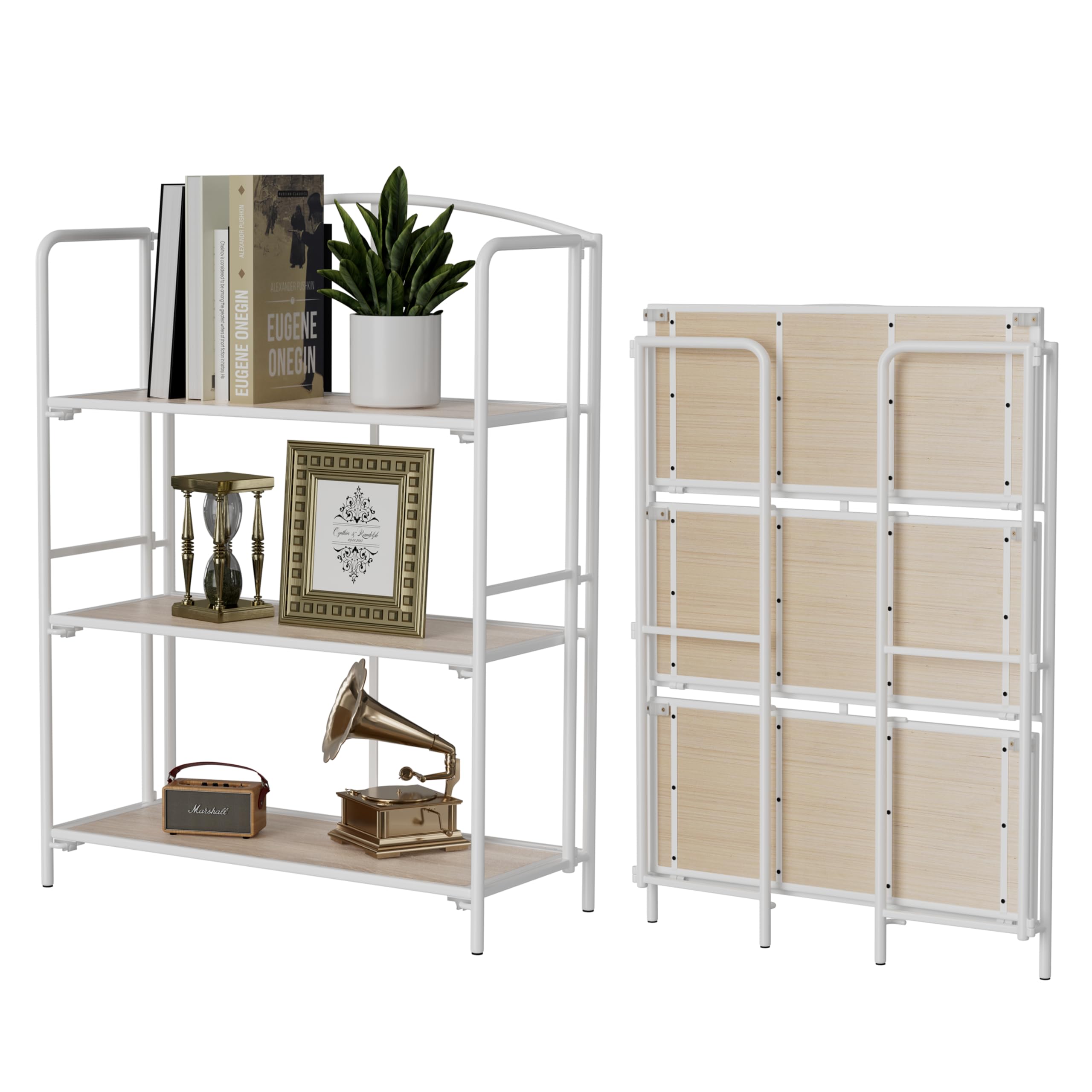 Crofy No Assembly Folding Bookshelf for Living Room, 5 Tier White Collapsible Book Shelf for Home Office, Portable Bookcase Storage Organizer