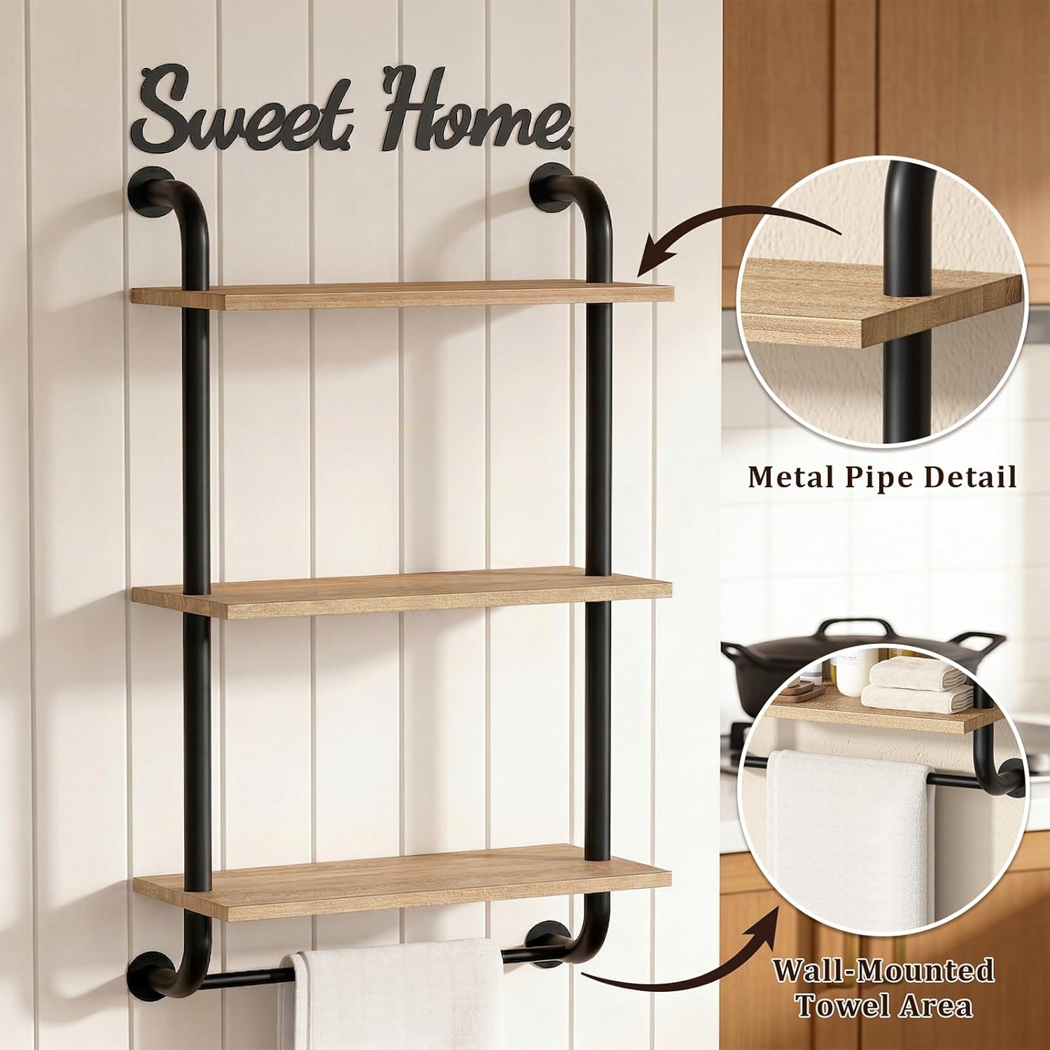 Tinpin Bathroom Shelves Wall Mounted, 3-Tier Rustic Wood Wall Shelf, 17.3 inch Industrial Pipe Floating Shelf for Bathroom,Kitchen,Bedroom,Living Room,Brown