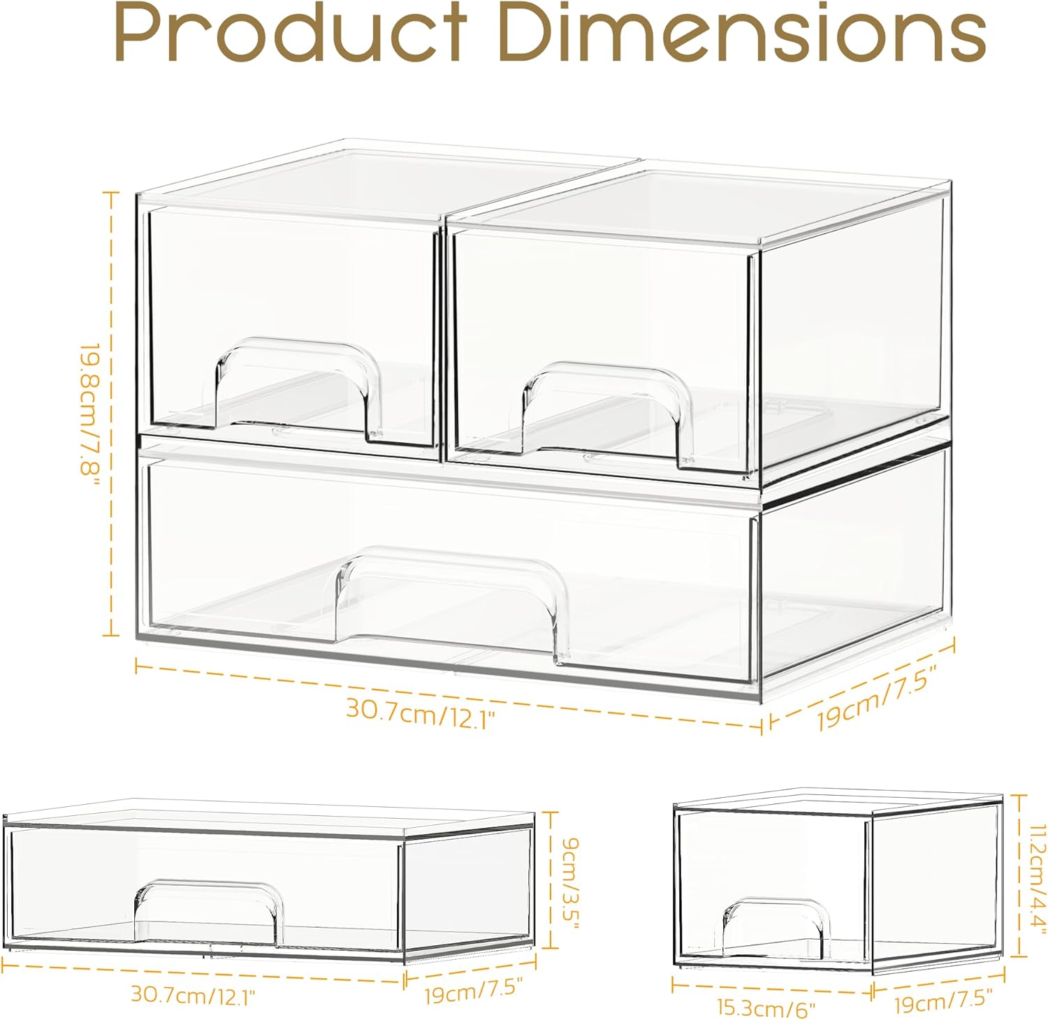 Criusia Stackable Storage Drawers, 3 Pack Clear Acrylic Makeup & Bathroom Organizer, Versatile Storage Bins for Vanity, Under Sink, Kitchen Cabinets & Pantry