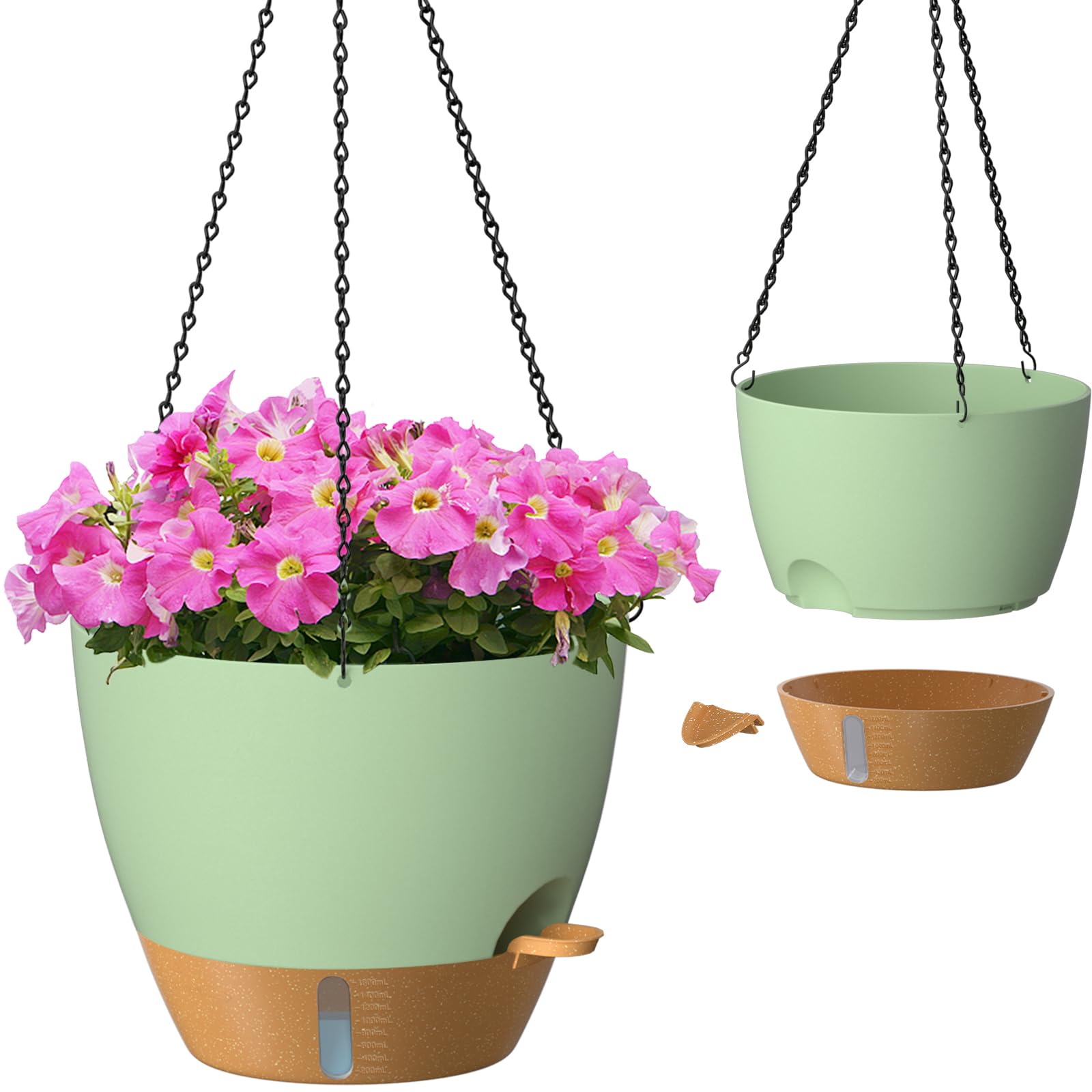 ZMTECH 8 Inch Hanging Planters for Indoor Outdoor Plants, 2 Pack Self Watering Hanging Plant Pots with Drainage Holes and Removable Saucer, Plastic Flower Hanging Pots with Watering Lip (Black)