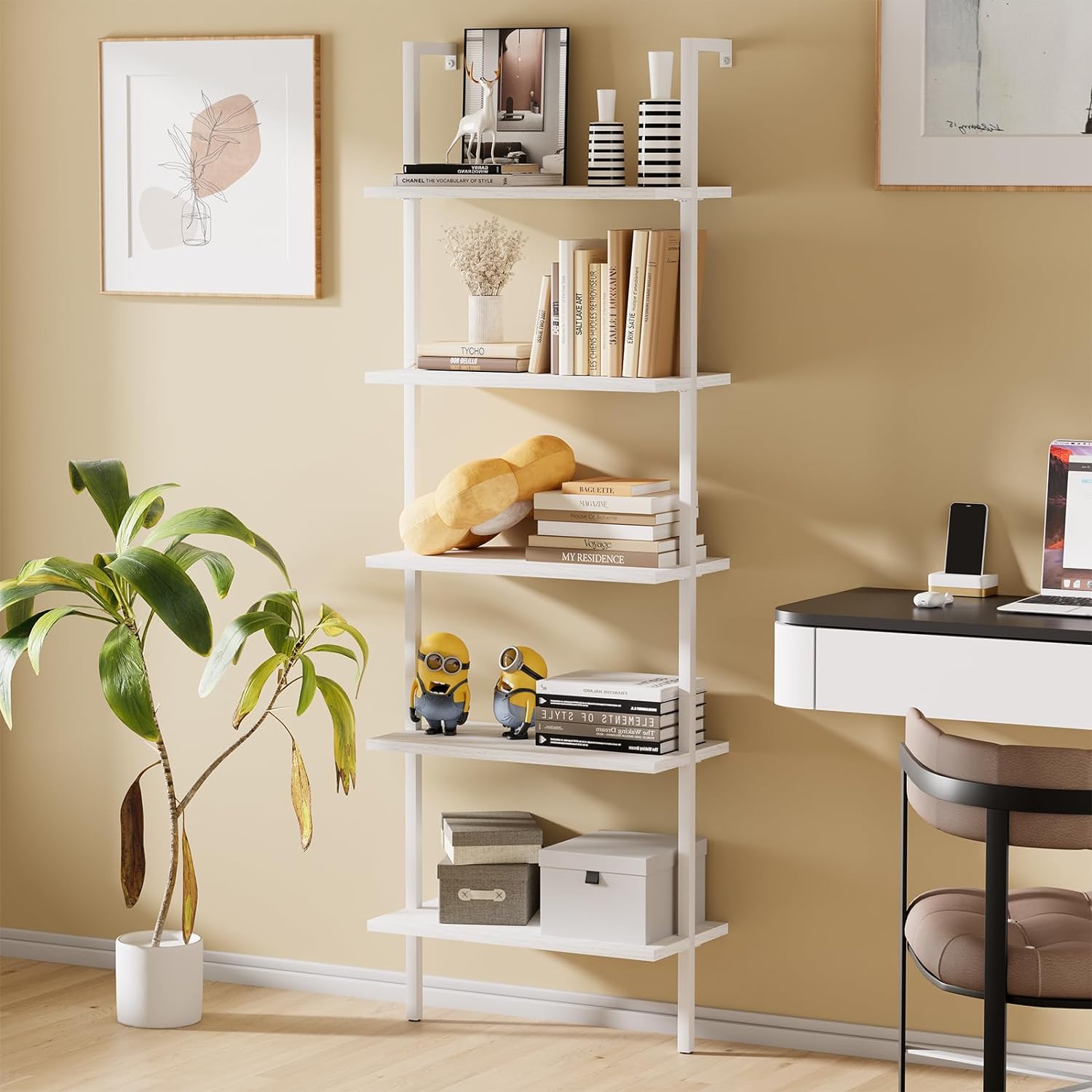 aboxoo Ladder Shelf White Wooden Bookshelf 5-Tier Wall-Mounted Open Wood Rack Industrial Modern Plant Flower Stand Utility Organizer Bookcase Metal Frame Furniture Office Kitchen Bedroom
