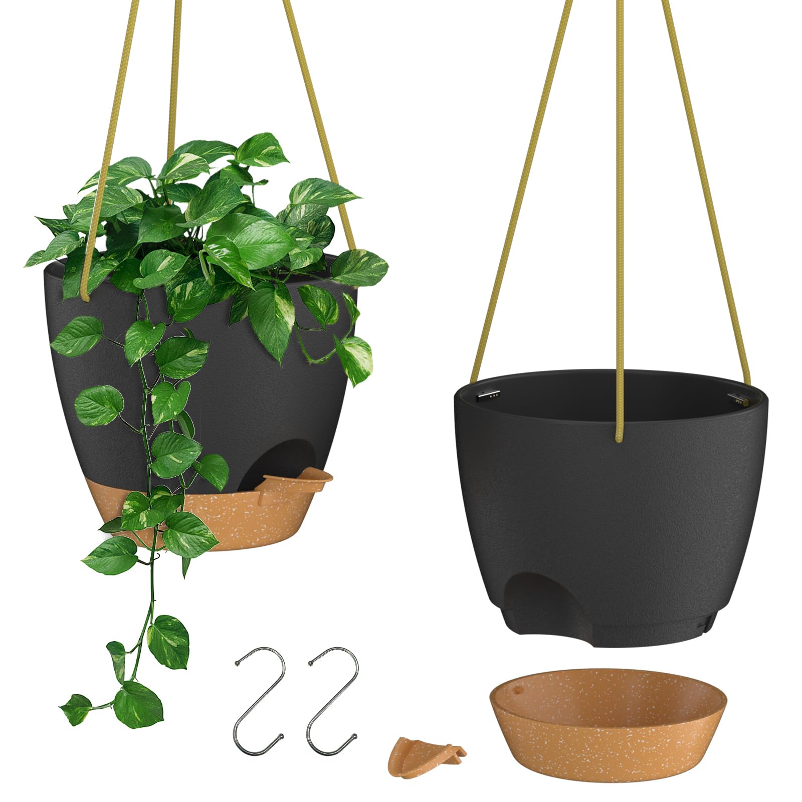 ZMTECH 8 Inch Hanging Planters for Indoor Outdoor Plants, 2 Pack Self Watering Hanging Plant Pots with Drainage Holes and Removable Saucer, Plastic Flower Hanging Pots with Watering Lip (Black)