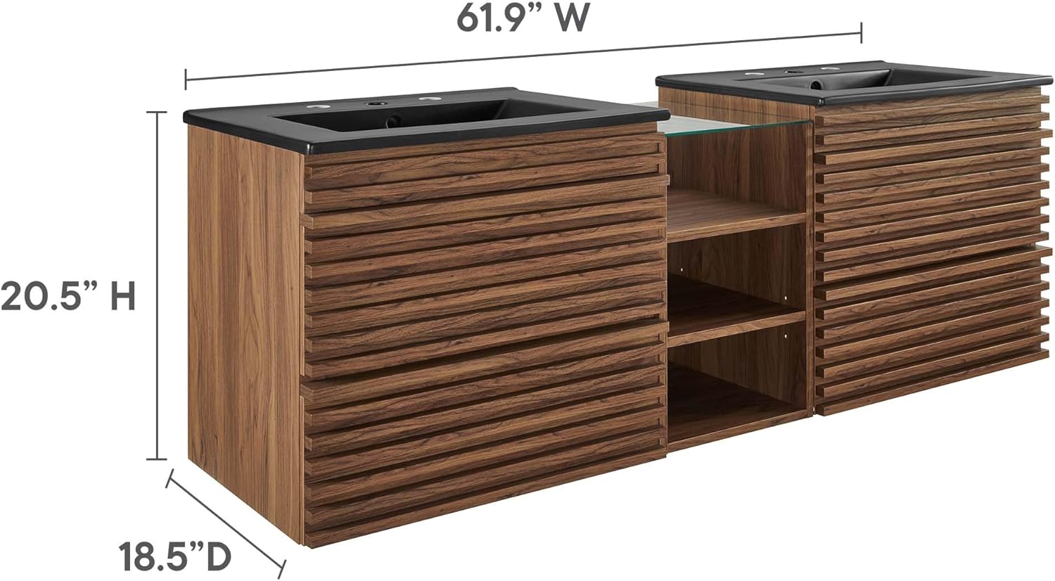 Modway Render 62 Inch Mid-Century Modern Floating Bathroom Vanity with Double Sink in Walnut Black – Wall-Mount Vanity with Storage Cabinet and Dual Ceramic Sinks