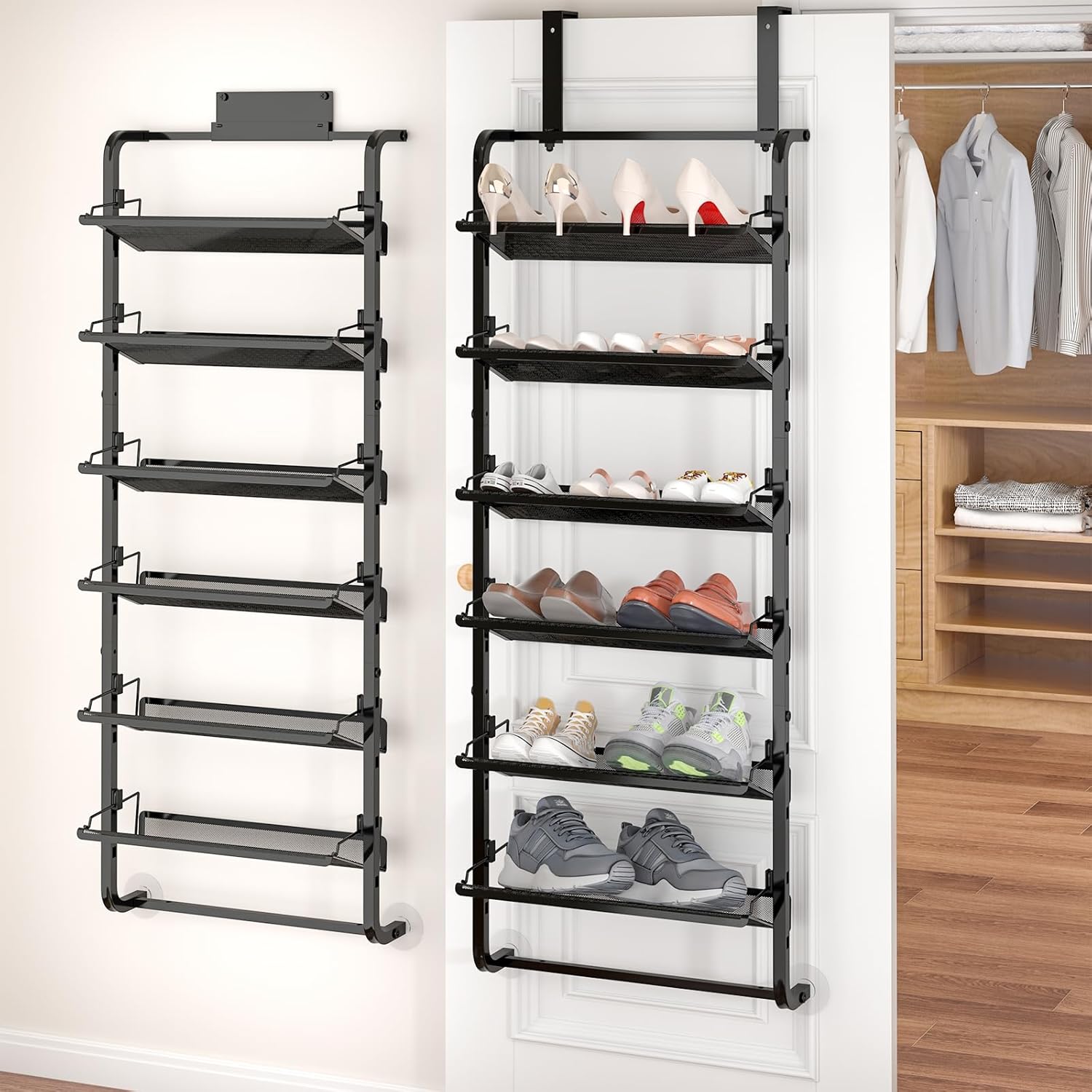 bukfen Over the Door Shoe Organizer, 6-Tier Adjustable Door-Mounted/Wall-Mounted Shoe Rack, Heavy-Duty Metal Storage for Closet Door, Black, 1 Pack
