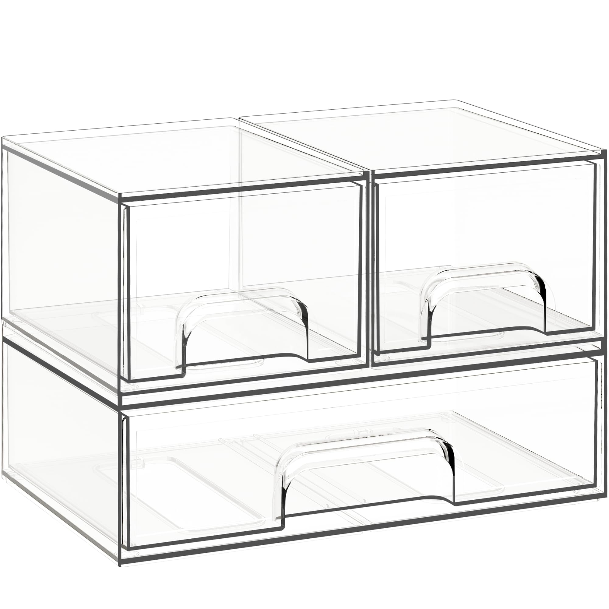 Criusia Stackable Storage Drawers, 3 Pack Clear Acrylic Makeup & Bathroom Organizer, Versatile Storage Bins for Vanity, Under Sink, Kitchen Cabinets & Pantry