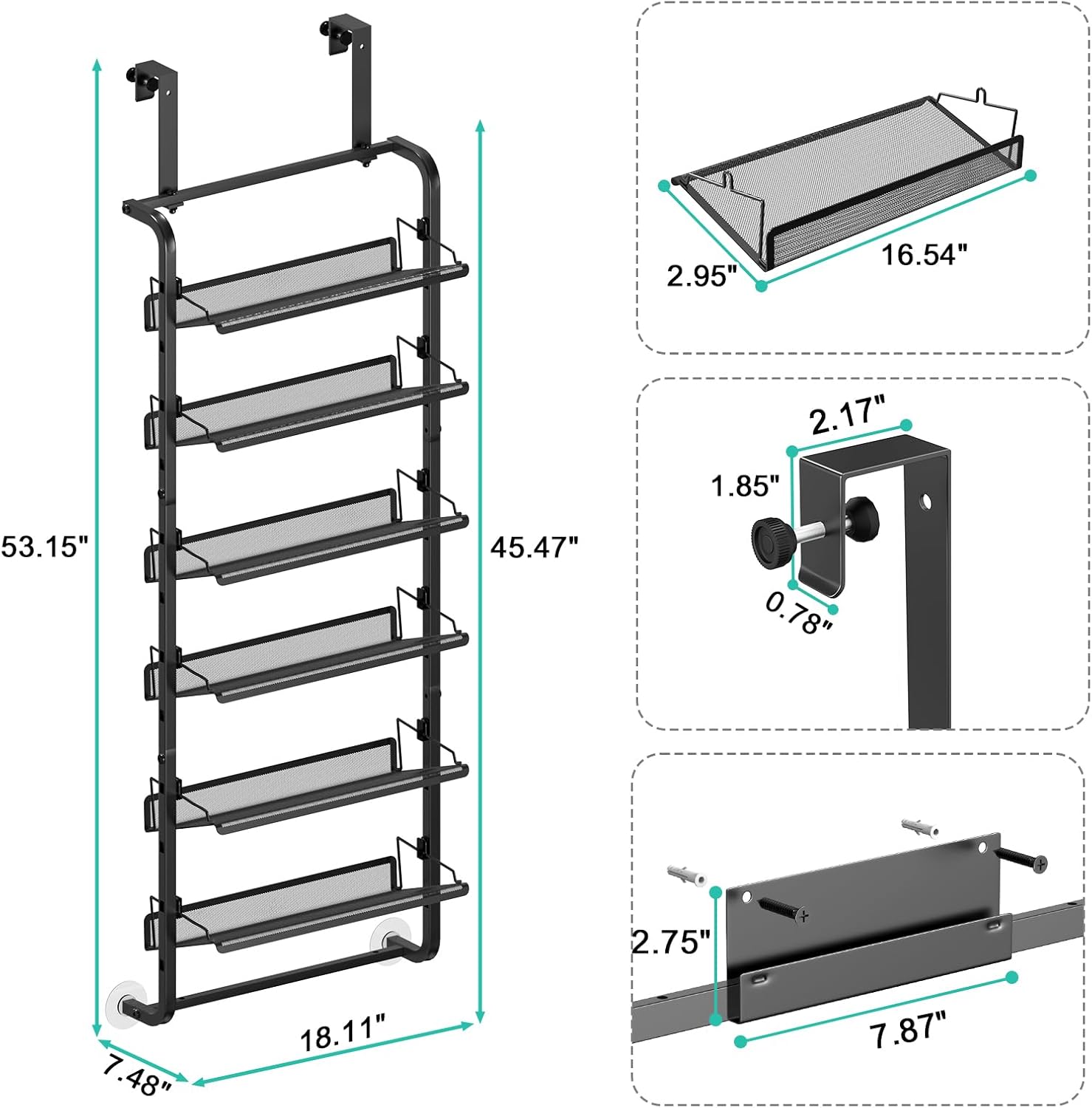 bukfen Over the Door Shoe Organizer, 6-Tier Adjustable Door-Mounted/Wall-Mounted Shoe Rack, Heavy-Duty Metal Storage for Closet Door, Black, 1 Pack