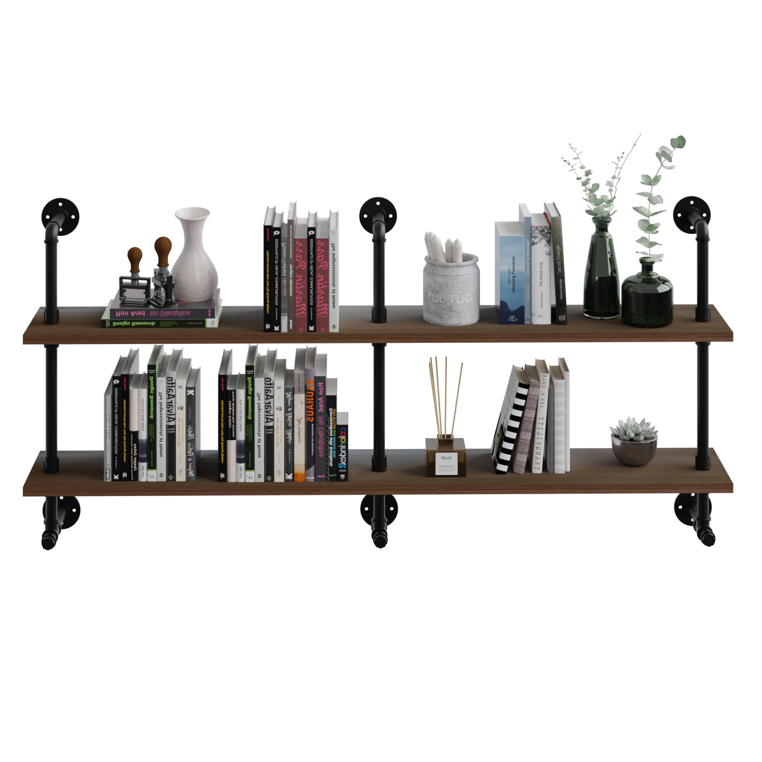 Industrial Pipe Wall Shelves Pipe Shelving with Real Wood Plank ,48 Inches Floating Shelves for Wall Farmhouse Pipe Book Shelves Dark Brown 3 Tier for Kitchen,Living Room Decor and Bar Shelving
