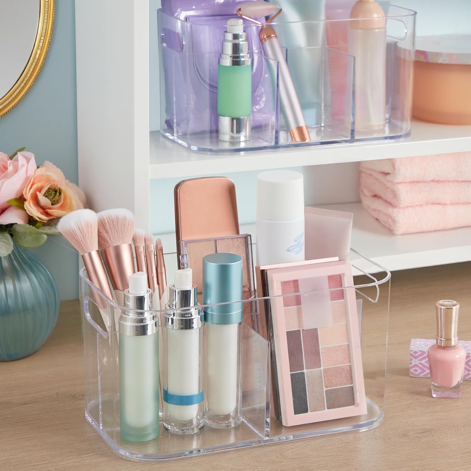 STORi Bliss 5-Compartment Plastic Cosmetics Storage Organizer, Set of 2 | Clear | Rectangular Divided Makeup Bin & Vanity Caddy with Pass-Through Handles | Round Corner Design | Made in USA