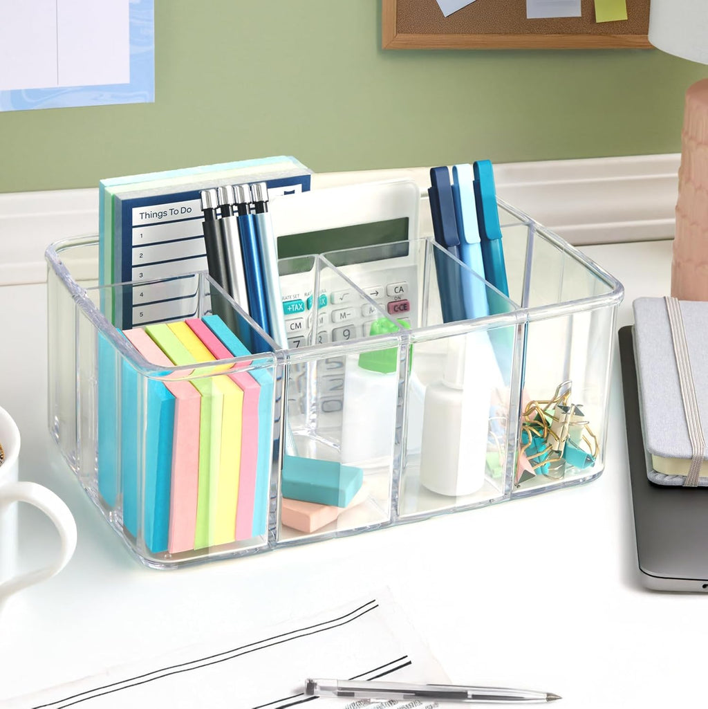 STORi 5-Compartment Clear Plastic Organizer | Rectangular Divided Makeup and Vanity Storage Bin and Office Desk Caddy | Scalloped Wall Design | Made in USA