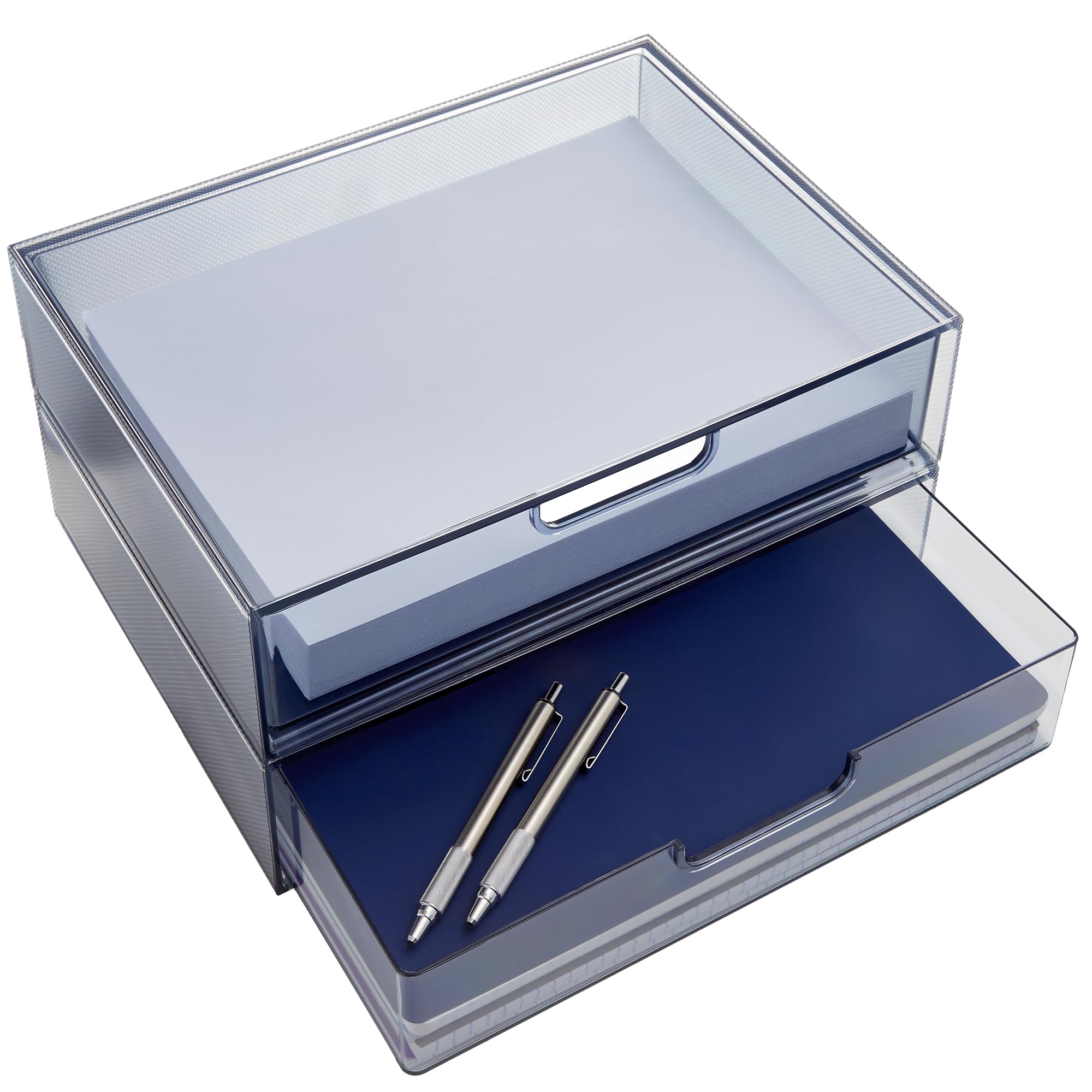 STORi STAX Plastic Stackable Organizer Drawers (Set of 2) Clear | 12.5" Wide | Set Includes One Open Drawer & One Divided Drawer | Organize Office Desk Accessories & Sort Paper | Made in USA