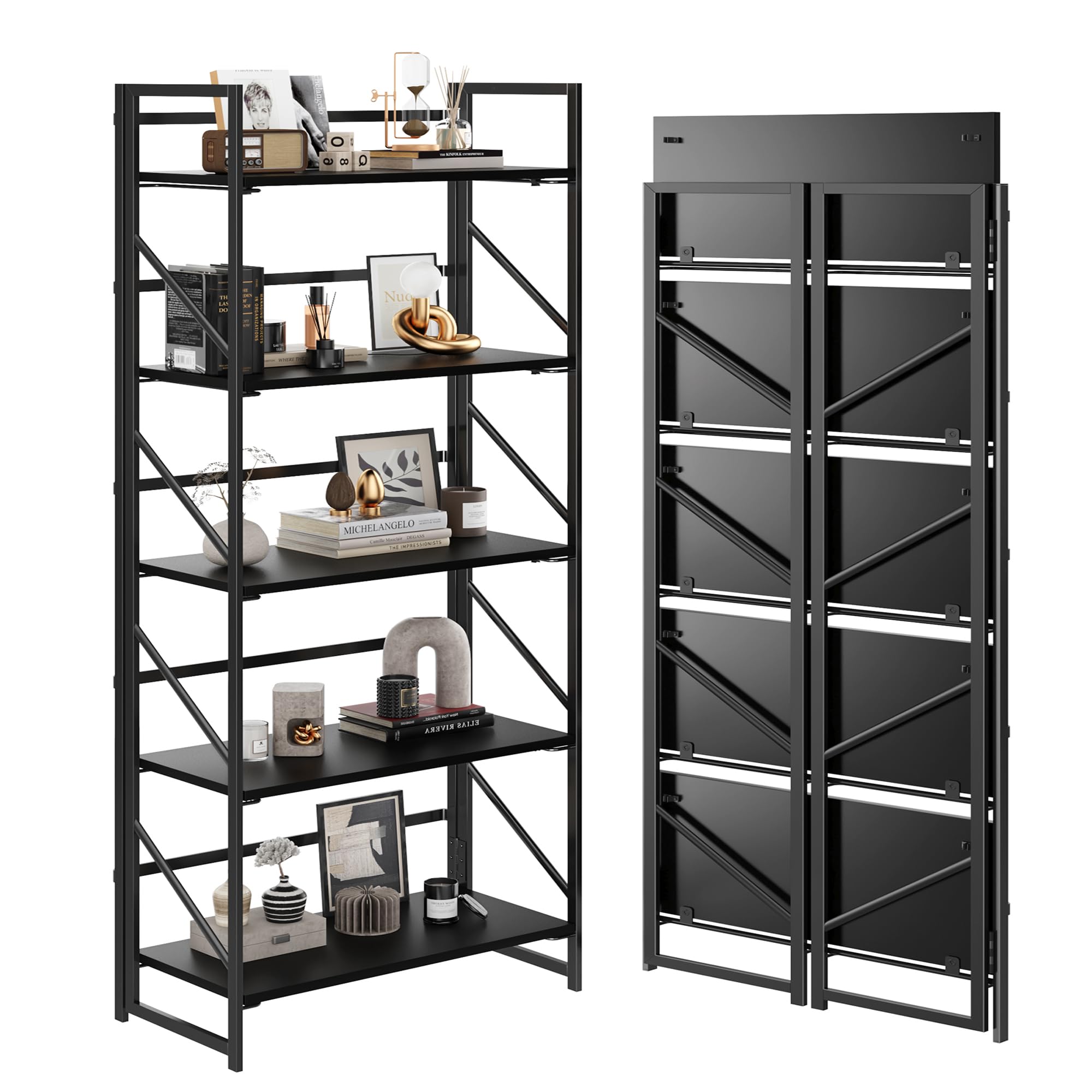 JSB No Assembly Folding Bookshelf, 4 Tier Industrial Metal Book Shelf for Storage, Vintage Wood Foldable Bookcase for Living Room, Bedroom, Office Organization Shelves