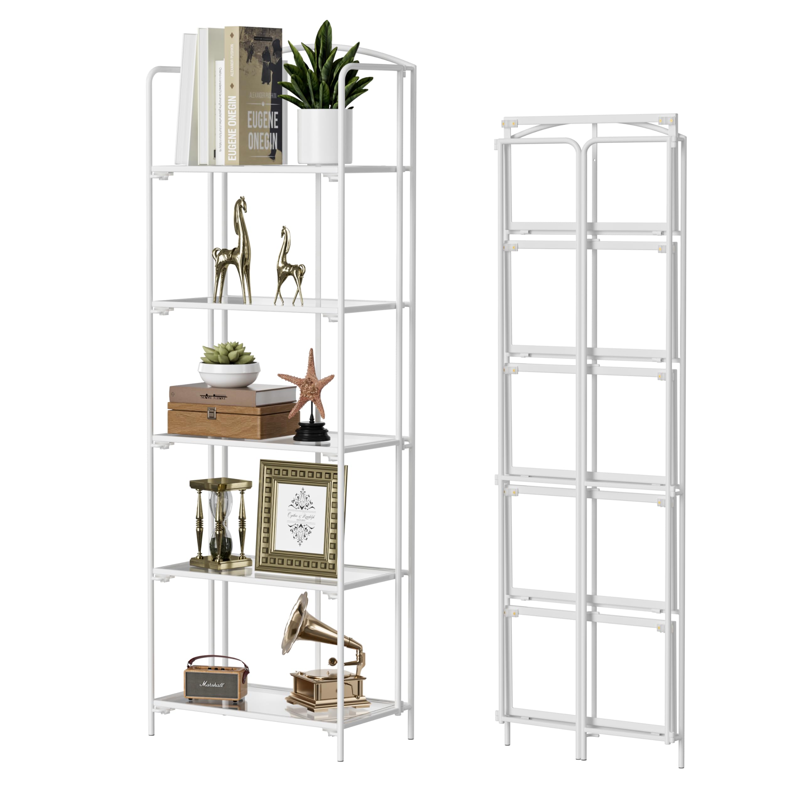 Crofy No Assembly Folding Bookshelf for Living Room, 5 Tier White Collapsible Book Shelf for Home Office, Portable Bookcase Storage Organizer