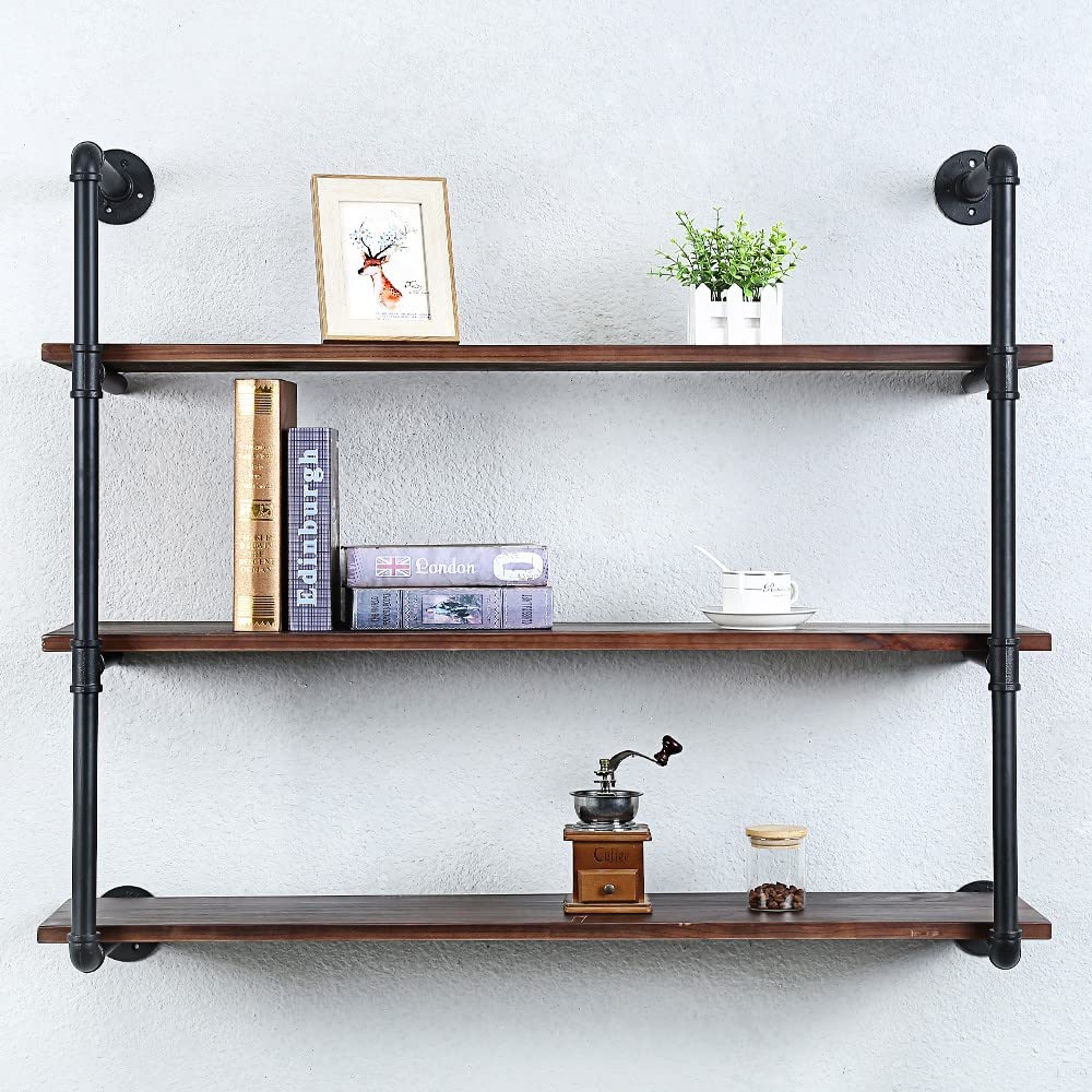 Industrial Pipe Shelving Wall Mounted,30in Rustic Metal Floating Shelves,Steampunk Real Wood Book Shelves,Wall Shelf Unit Bookshelf Hanging Wall Shelves,Farmhouse Kitchen Bar Shelving(3 Tier)