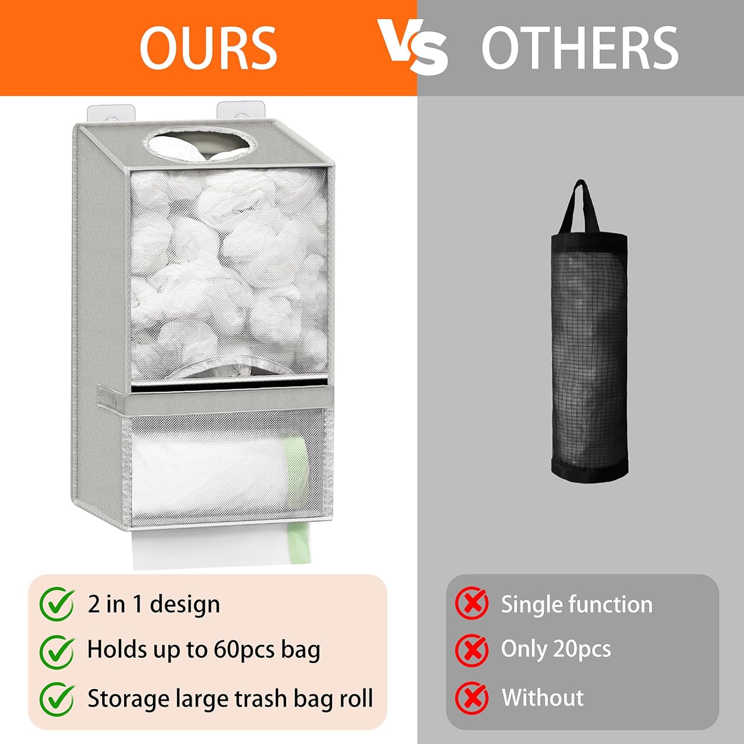 Spaclear Wall Mount Plastic Bag Holder - Large Oxford Cloth Grocery Bag Holder, 2-in-1 Plastic Bags Organizer with Trash Roll Dispenser for Home Kitchen Closet Cabinets Sink, Gray