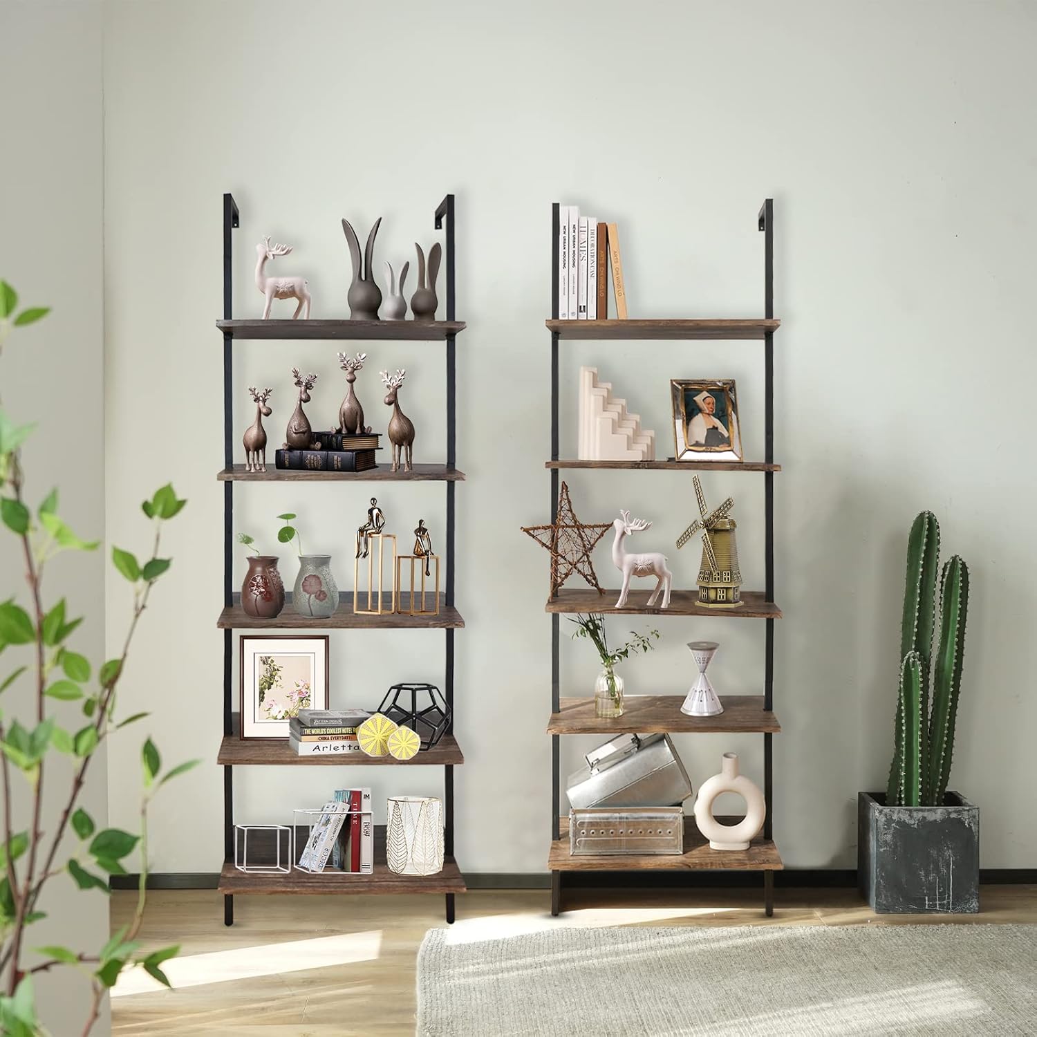 aboxoo Ladder Shelf 2PCS Open Bookshelf 5-Tier Wall-Mounted Wood Bookcase Rack Open Back Industrial Modern Plant Flower Stand Utility OrganizerMetal Frame Furniture Office Kitchen Bedroom (Brown)