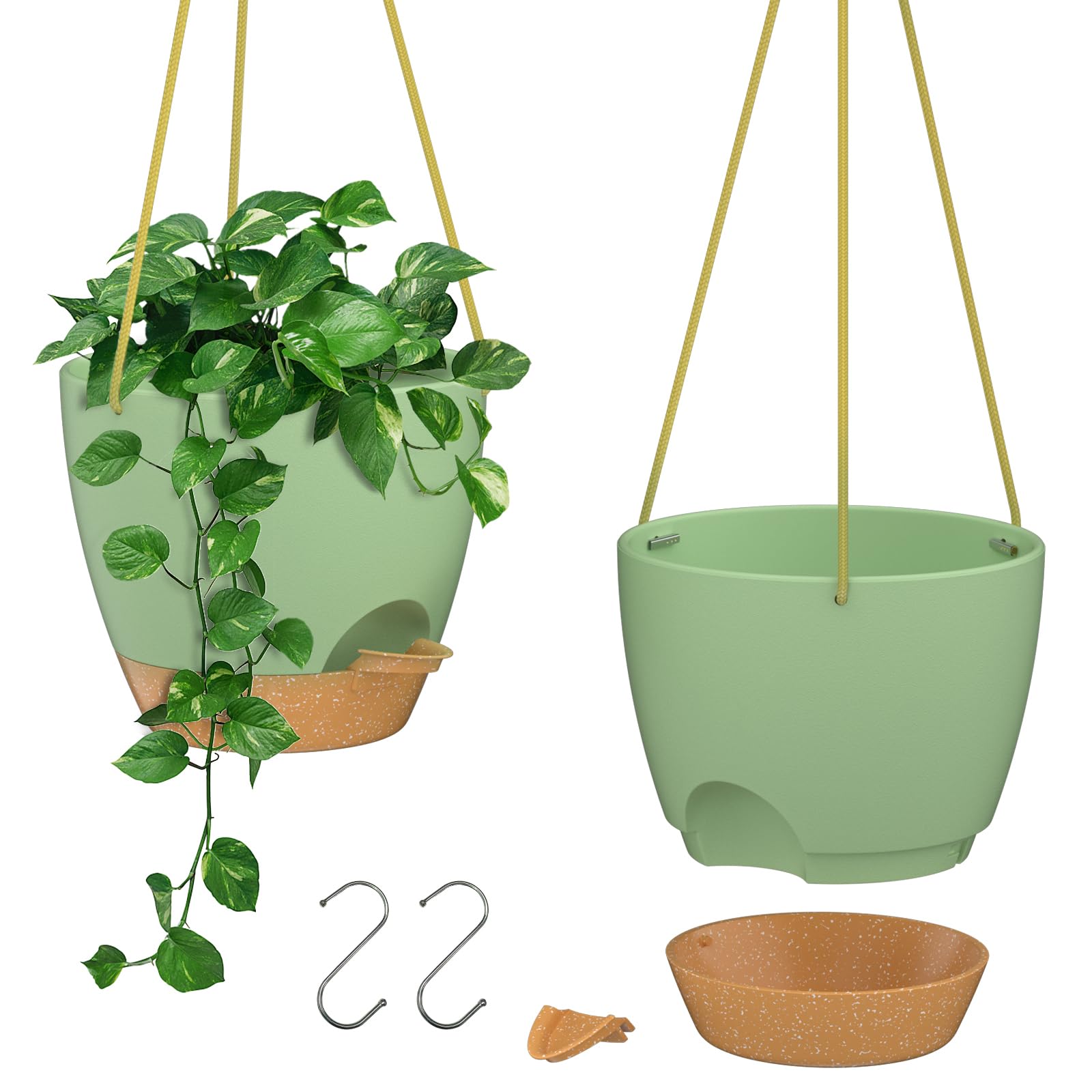 ZMTECH 8 Inch Hanging Planters for Indoor Outdoor Plants, 2 Pack Self Watering Hanging Plant Pots with Drainage Holes and Removable Saucer, Plastic Flower Hanging Pots with Watering Lip (Black)