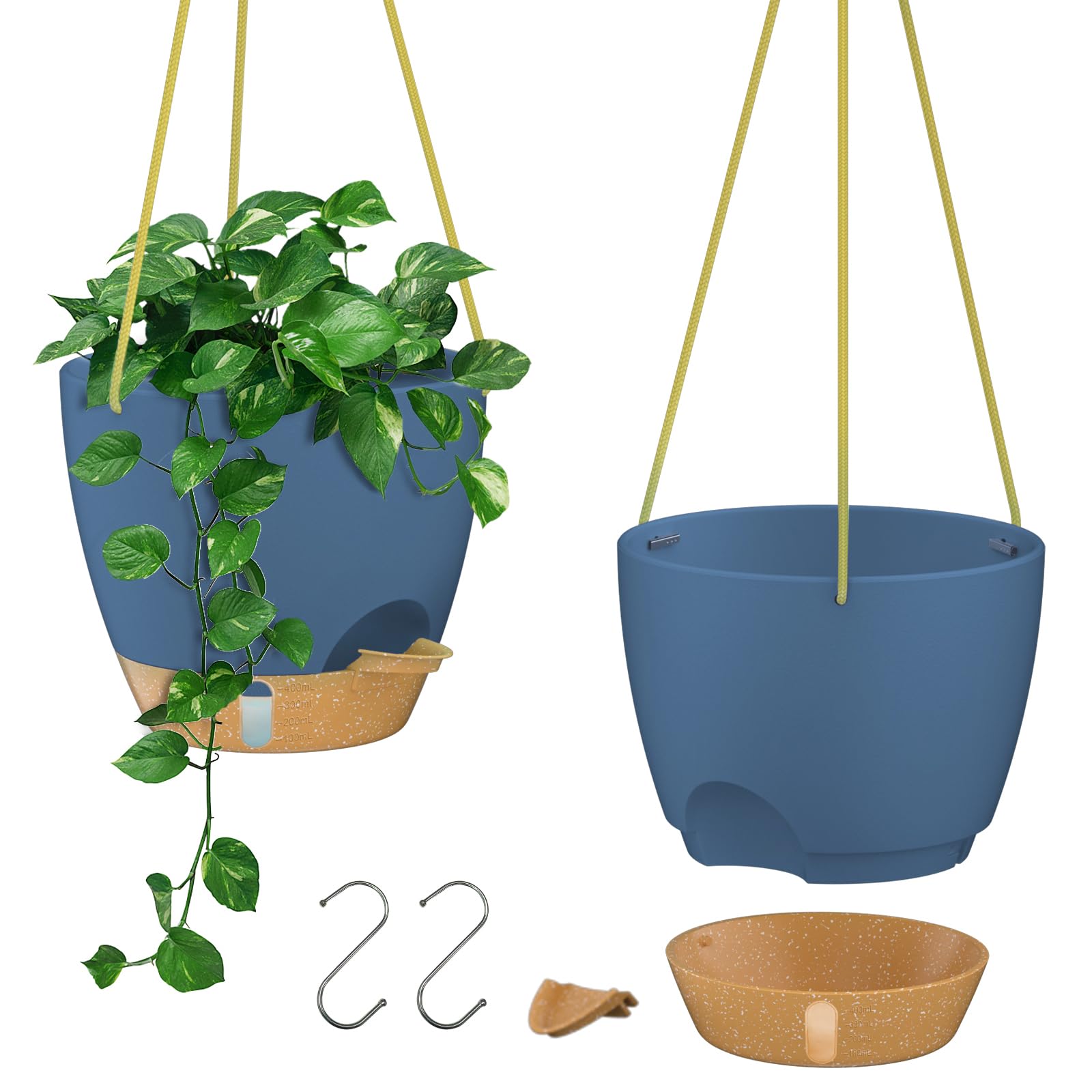 ZMTECH 8 Inch Hanging Planters for Indoor Outdoor Plants, 2 Pack Self Watering Hanging Plant Pots with Drainage Holes and Removable Saucer, Plastic Flower Hanging Pots with Watering Lip (Black)