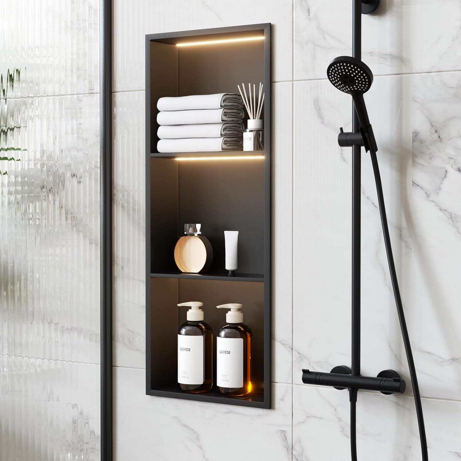 QAOYEDE 12"X30" Stainless Steel Shower Niche 3-Tier Shelf, Matte Black with Waterproof LED Light, No Tile Needed Recessed Wall Organizer for Bathroom