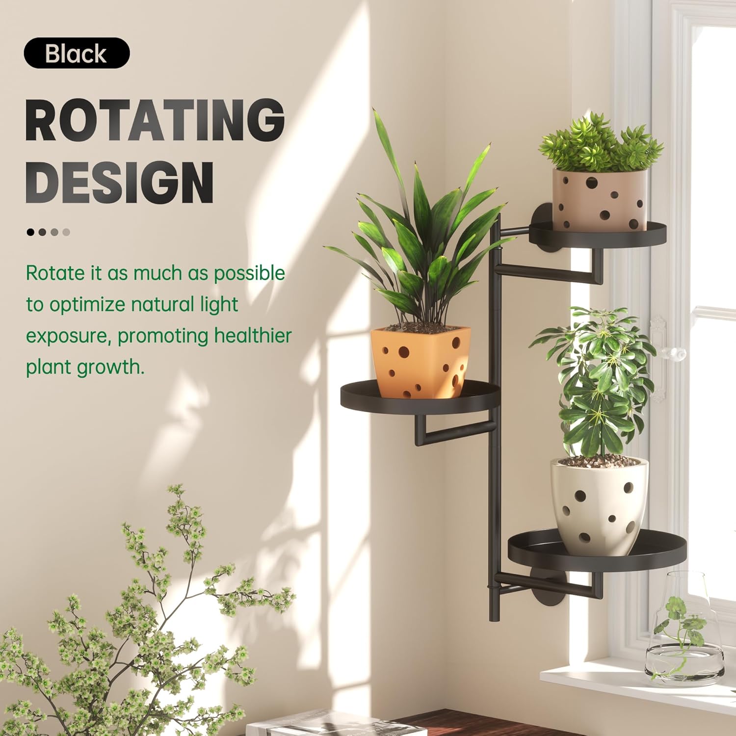 YQSLYSF Window Rotating Plant Stand Shelf Indoor Black Metal Floating Shelves 3-Tier Wall Mount Plant Holders for Living Room Wall Planter Modern Home Decor for Gardening