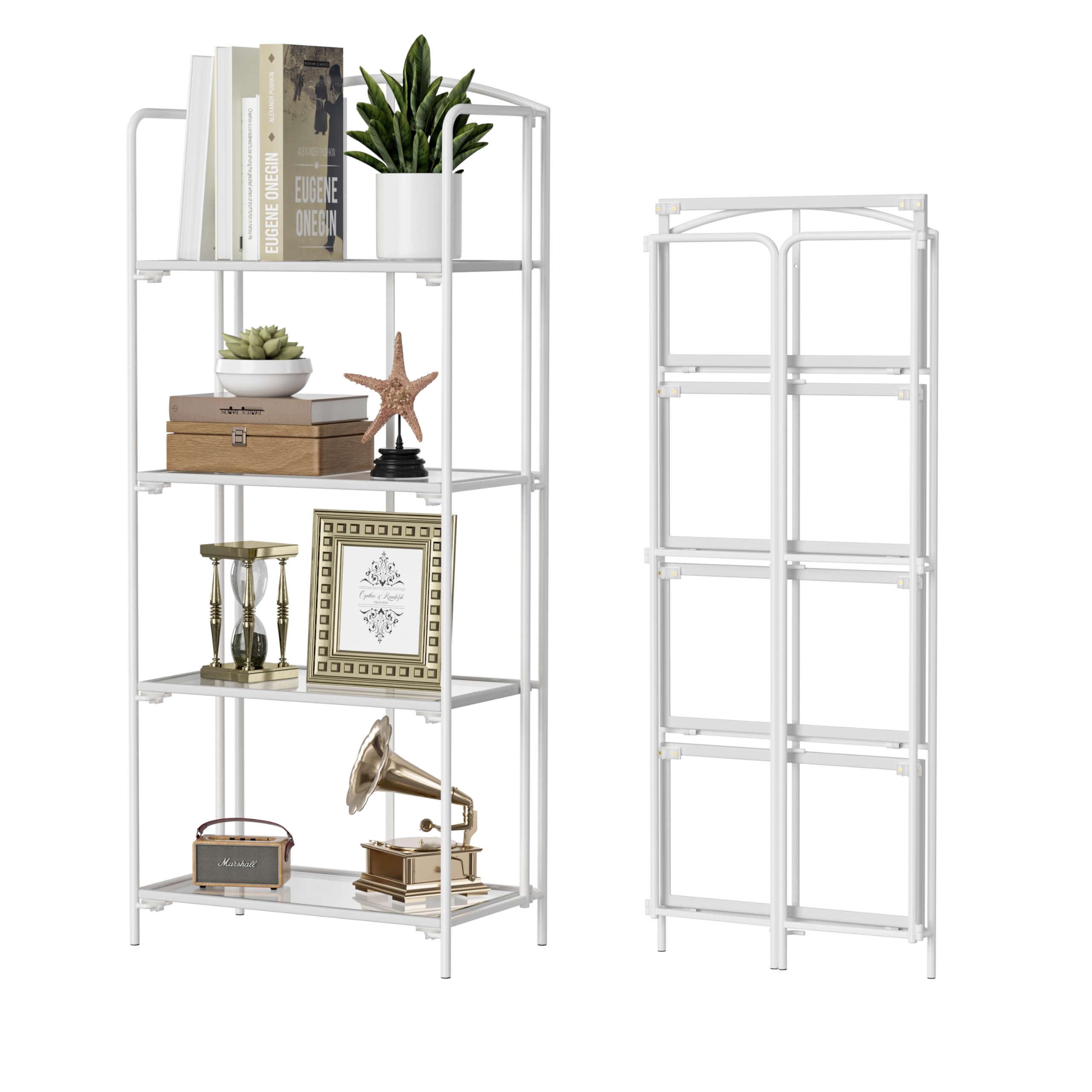 Crofy No Assembly Folding Bookshelf for Living Room, 5 Tier White Collapsible Book Shelf for Home Office, Portable Bookcase Storage Organizer